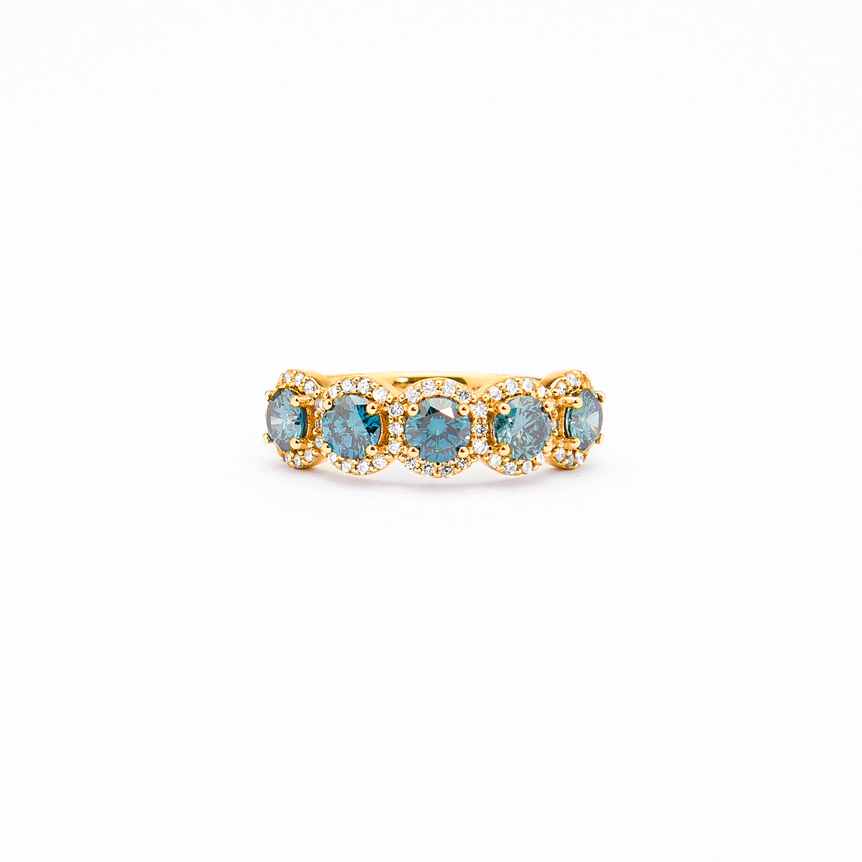 Blue Lab Diamonds and white diamonds ring in yellow gold, an absolutely mesmerising piece with five blue diamonds as the main stones, surrounded by white diamonds, divine.