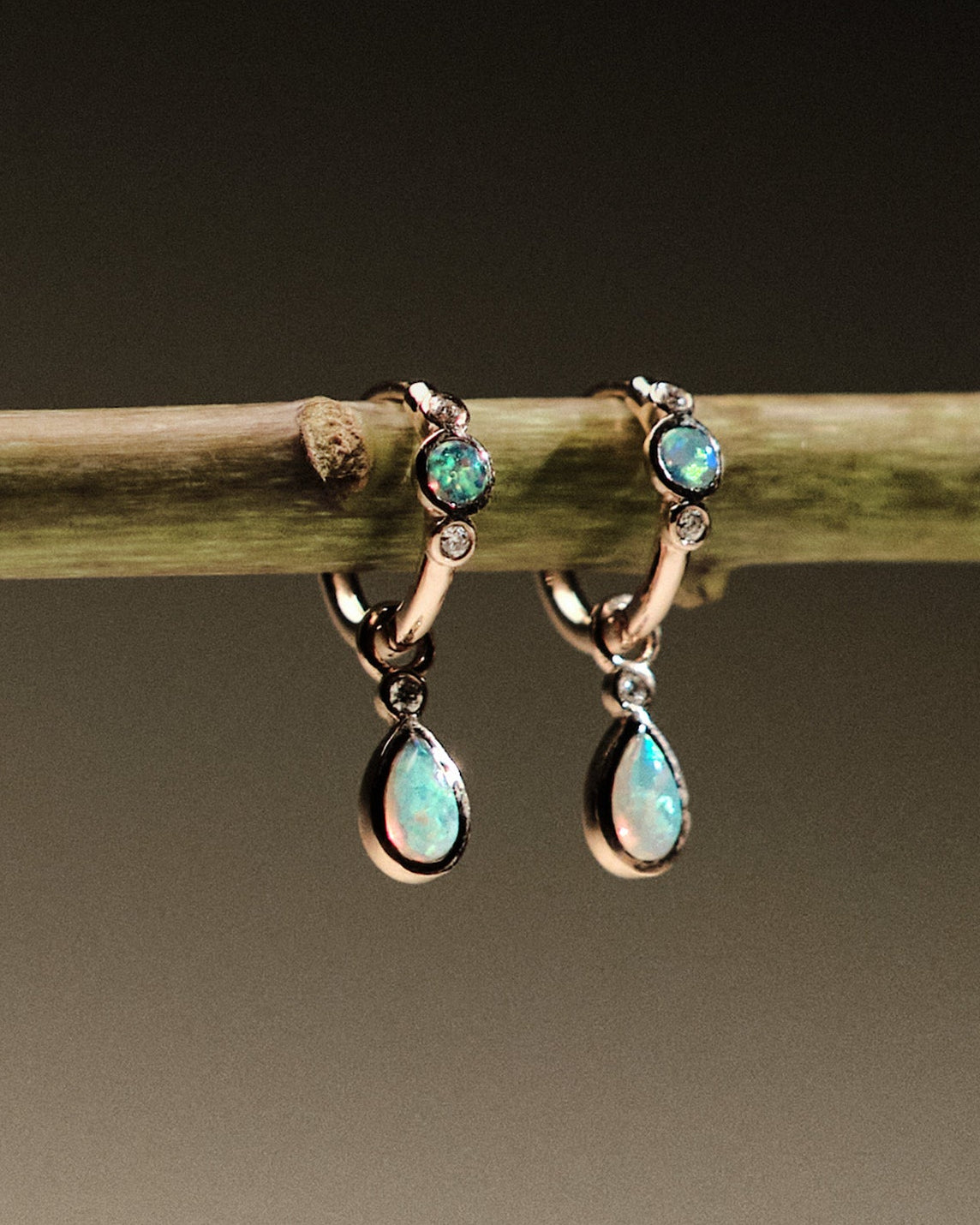 Pair of gold earrings with Australian Opals and Diamonds on a branch against a dark background.