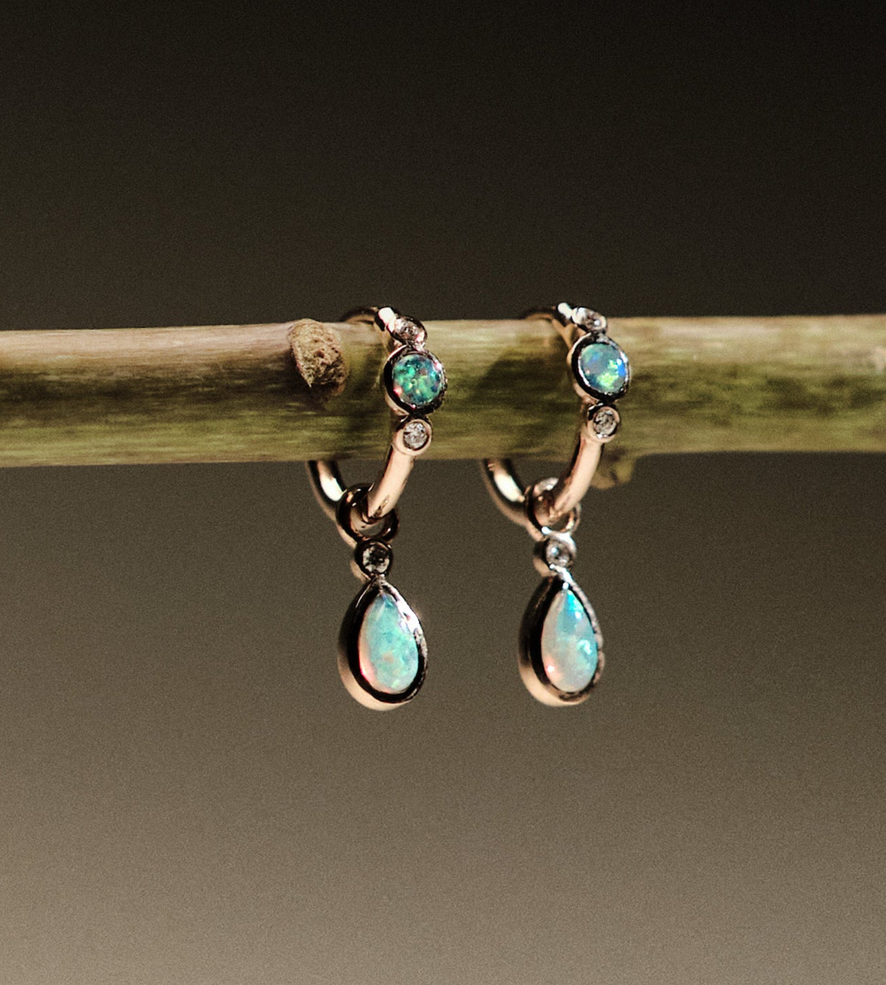 Pair of gold earrings with Australian Opals and Diamonds on a branch against a dark background.