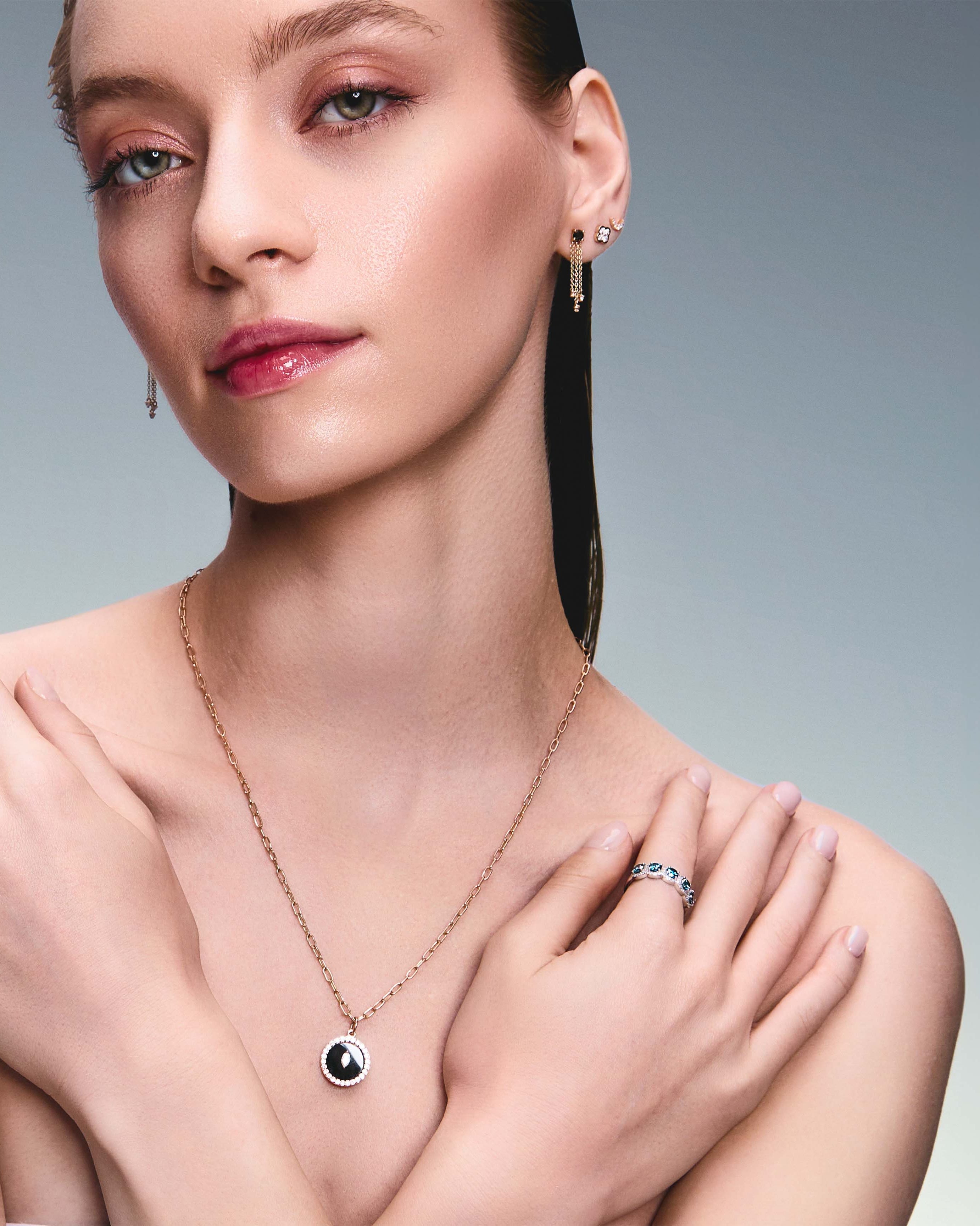 Trilink_Earrings_Clover_earrings_Moon_earrings_Black_Diamonds_Tennis_Protection_Pendant_Marquise_My_Love_Black_Onyx_Ring_Duchess_ring with blue and white lab diamonds_on_model