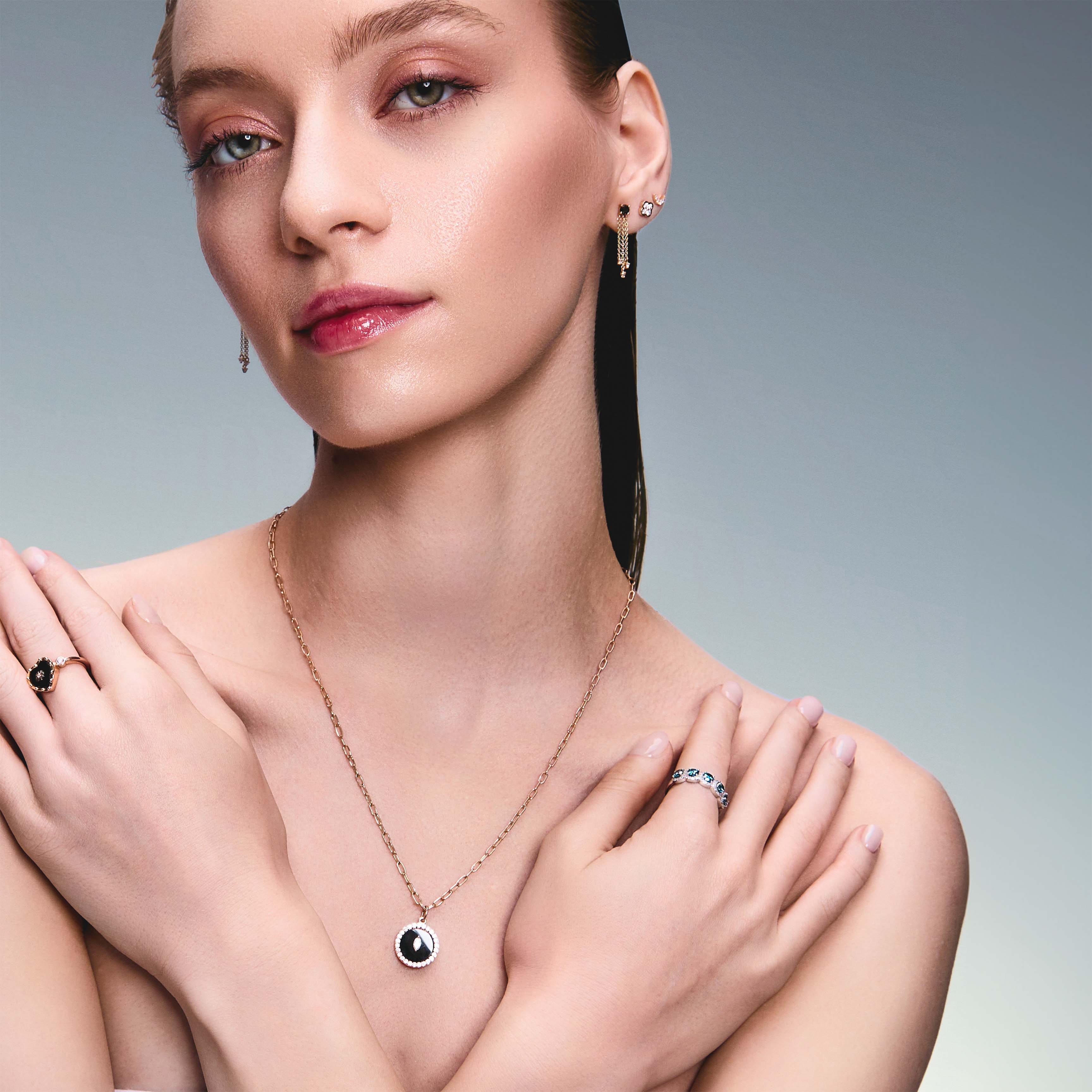 Trilink_Earrings_Clover_earrings_Moon_earrings_Black_Diamonds_Tennis_Protection_Pendant_Marquise_My_Love_Black_Onyx_Ring_Duchess_ring with blue and white lab diamonds_on_model