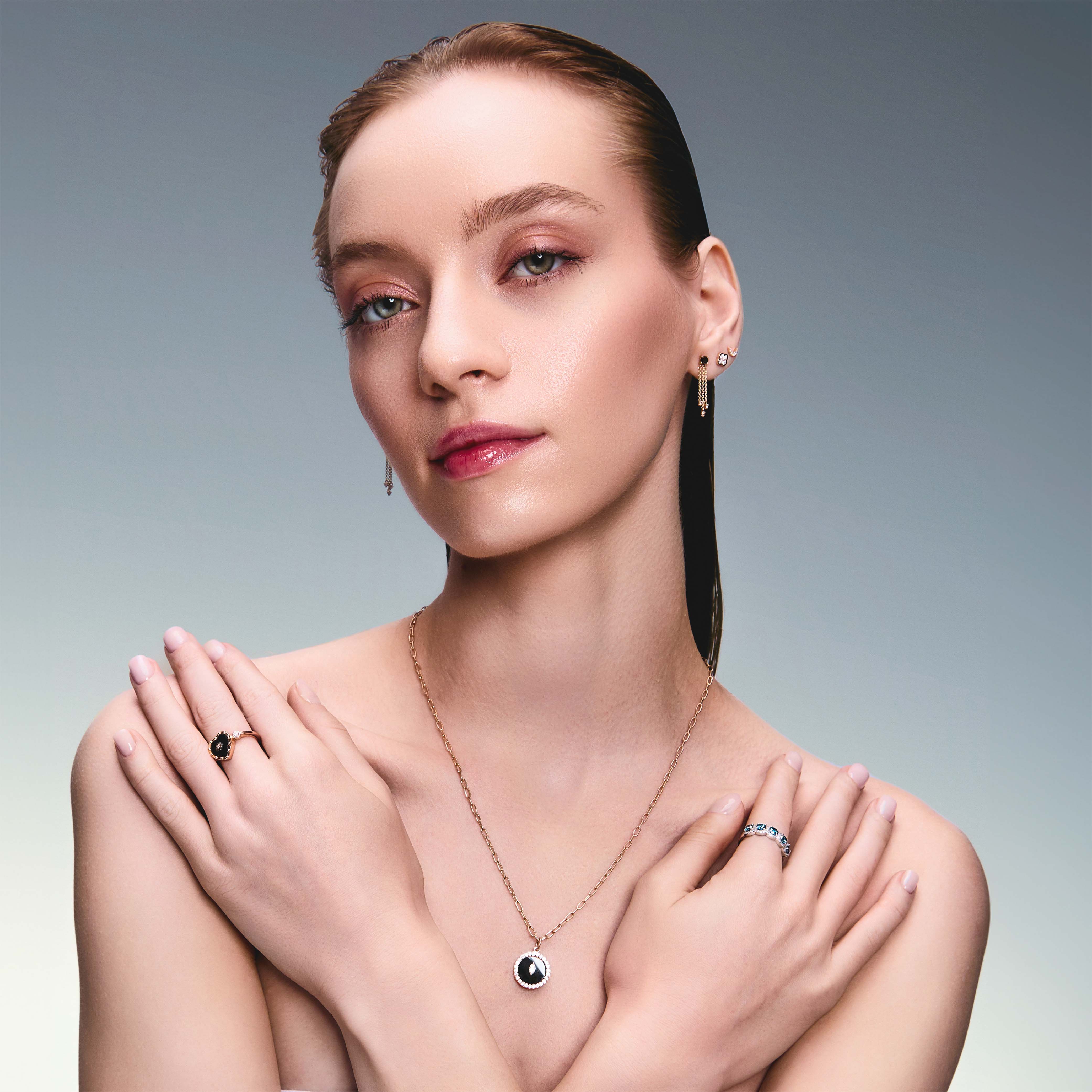 Trilink_Earrings_Clover_earrings_Moon_earrings_Black_Diamonds_Tennis_Protection_Pendant_Marquise_My_Love_Black_Onyx_Ring_Duchess_ring with blue and white lab diamonds_on_model