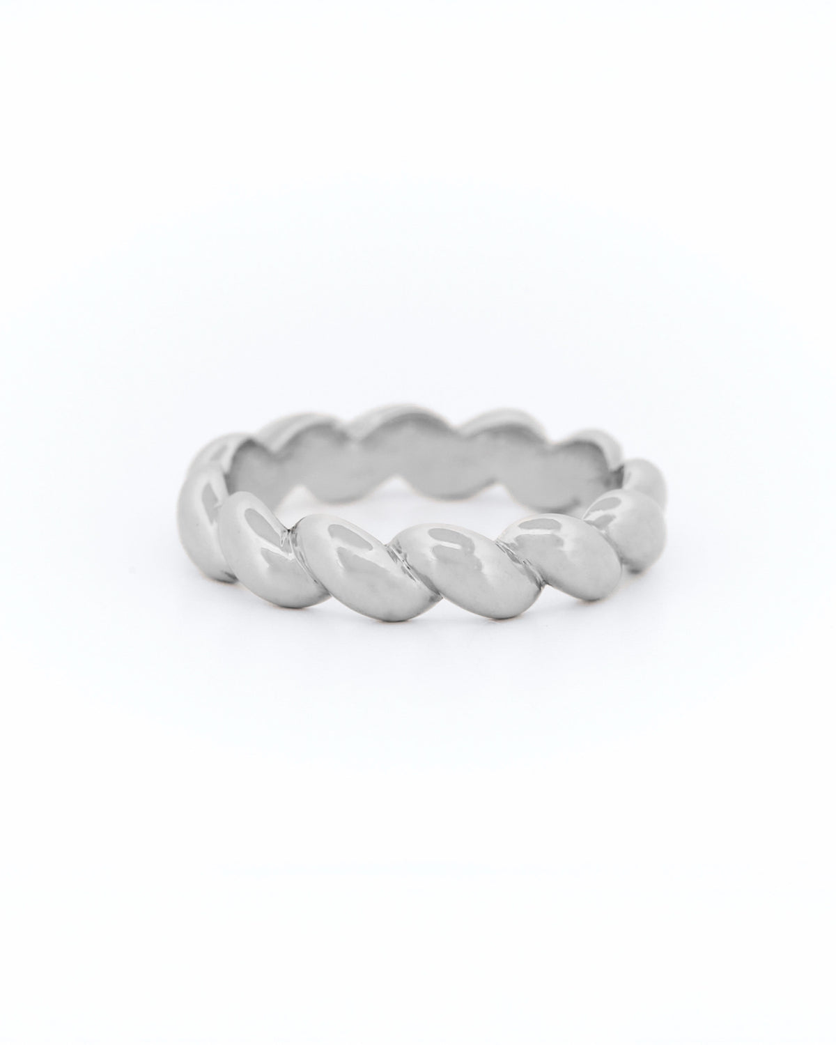White Gold ring with a braided design on a white background