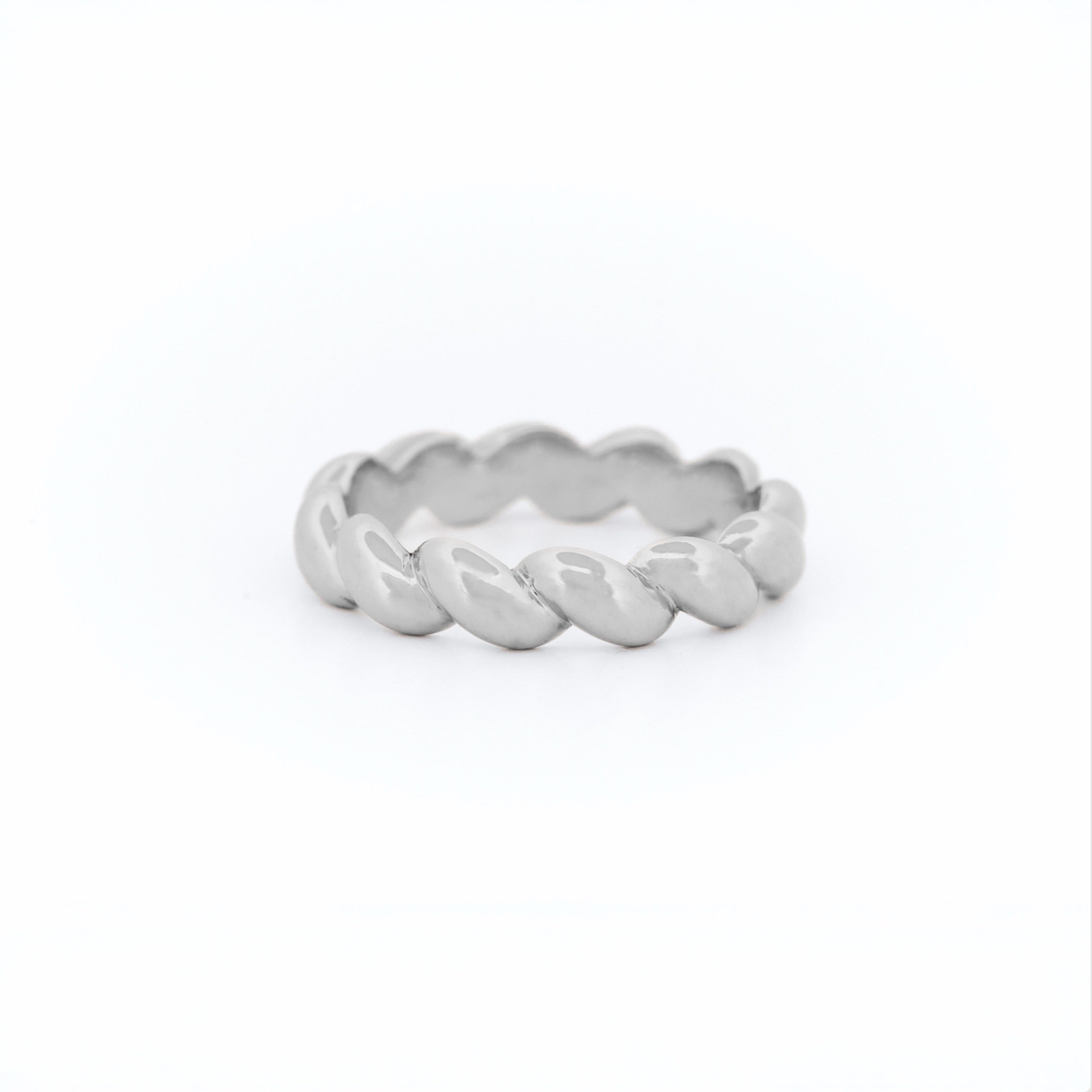 White Gold ring with a braided design on a white background