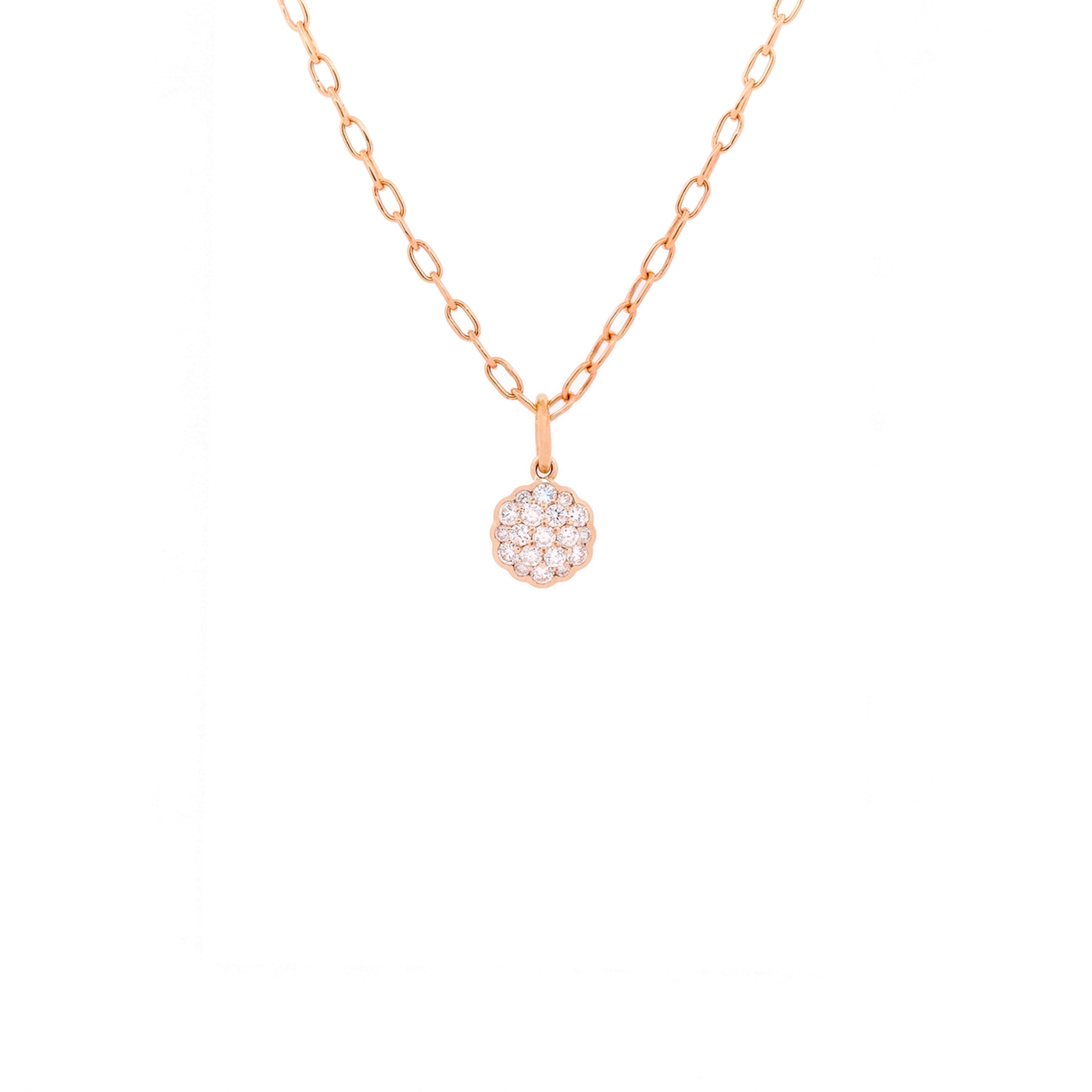 Rose gold necklace with a round diamonds flower pendant on a white background