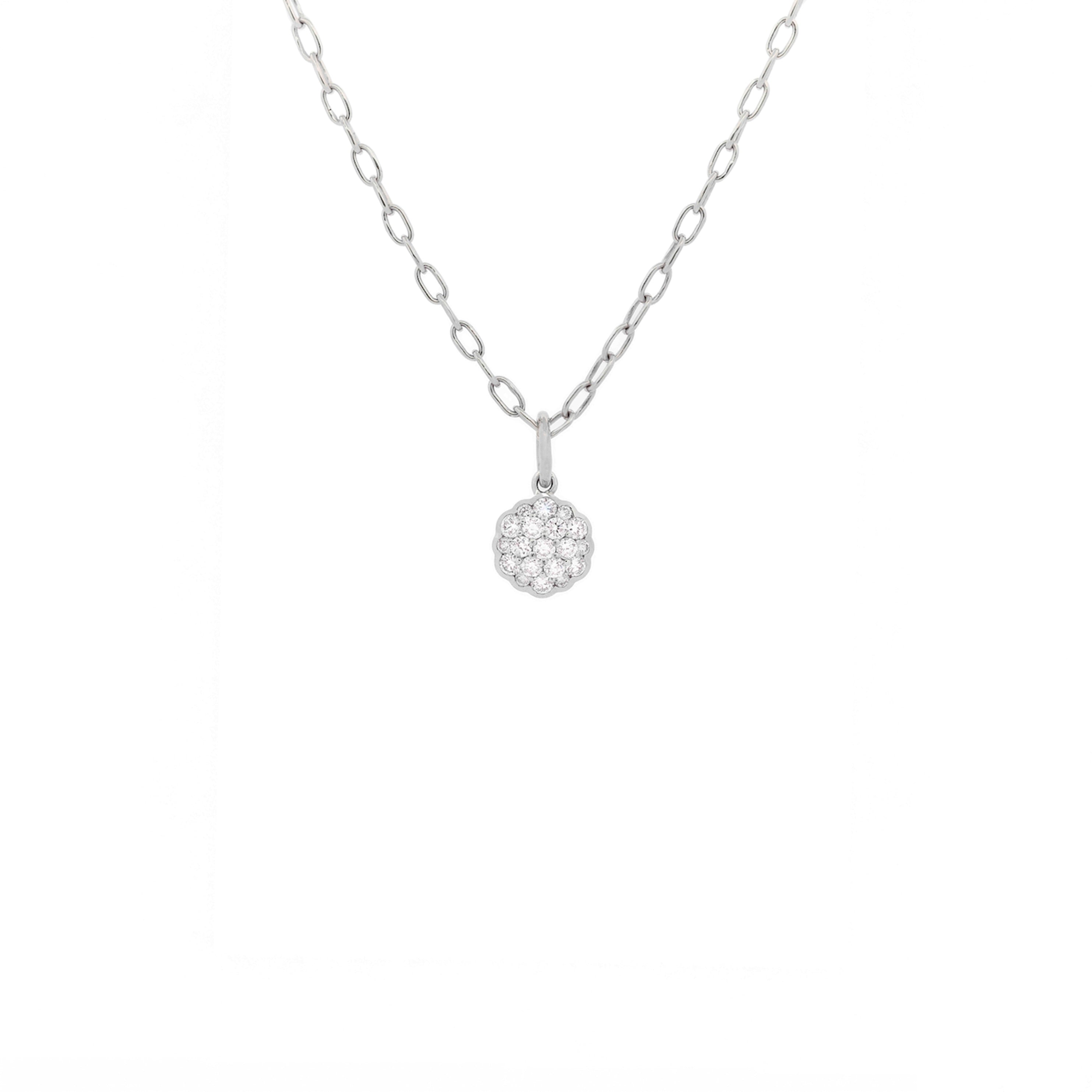 White gold necklace with a round diamonds flower pendant on a white background