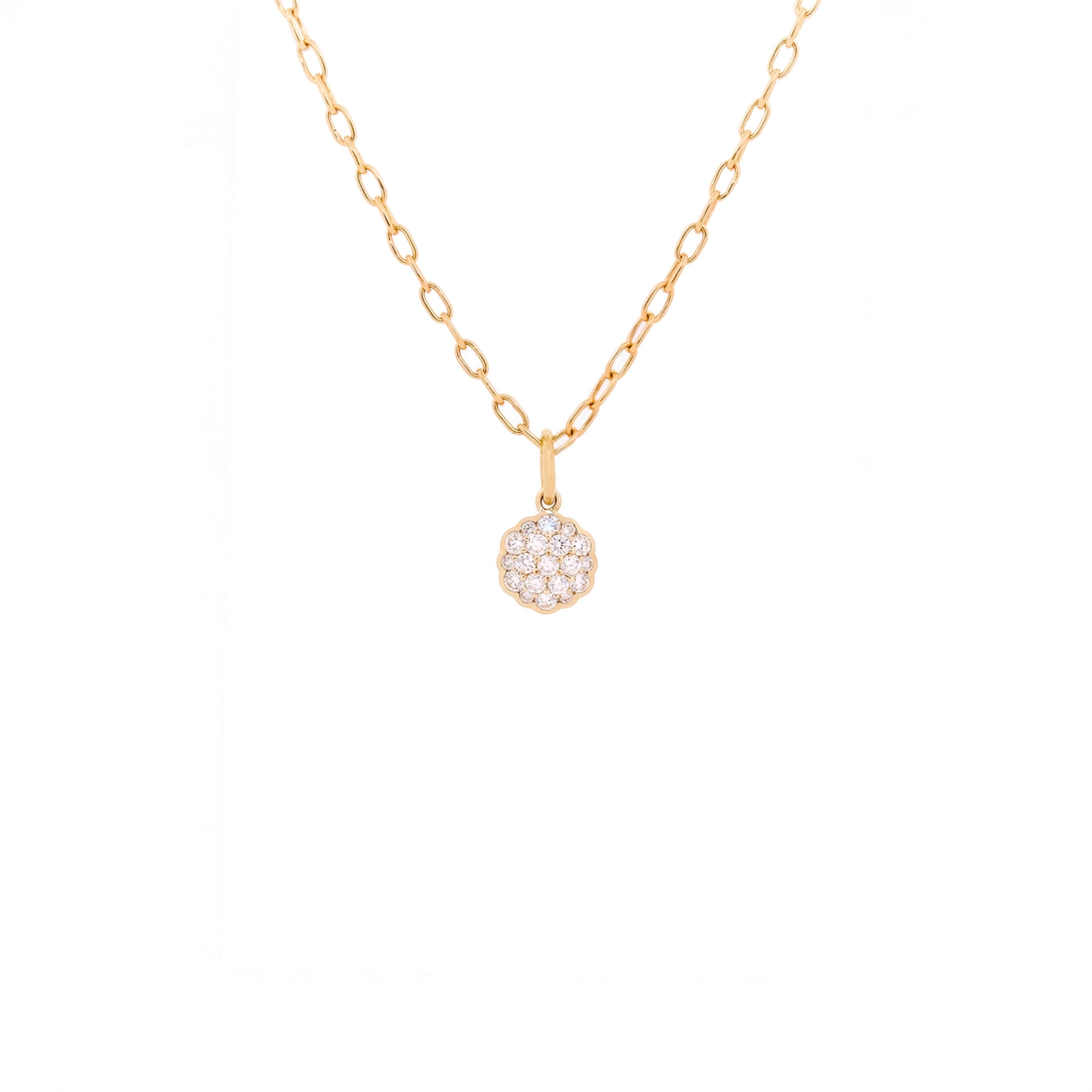 Yellow gold necklace with a round diamonds flower pendant on a white background