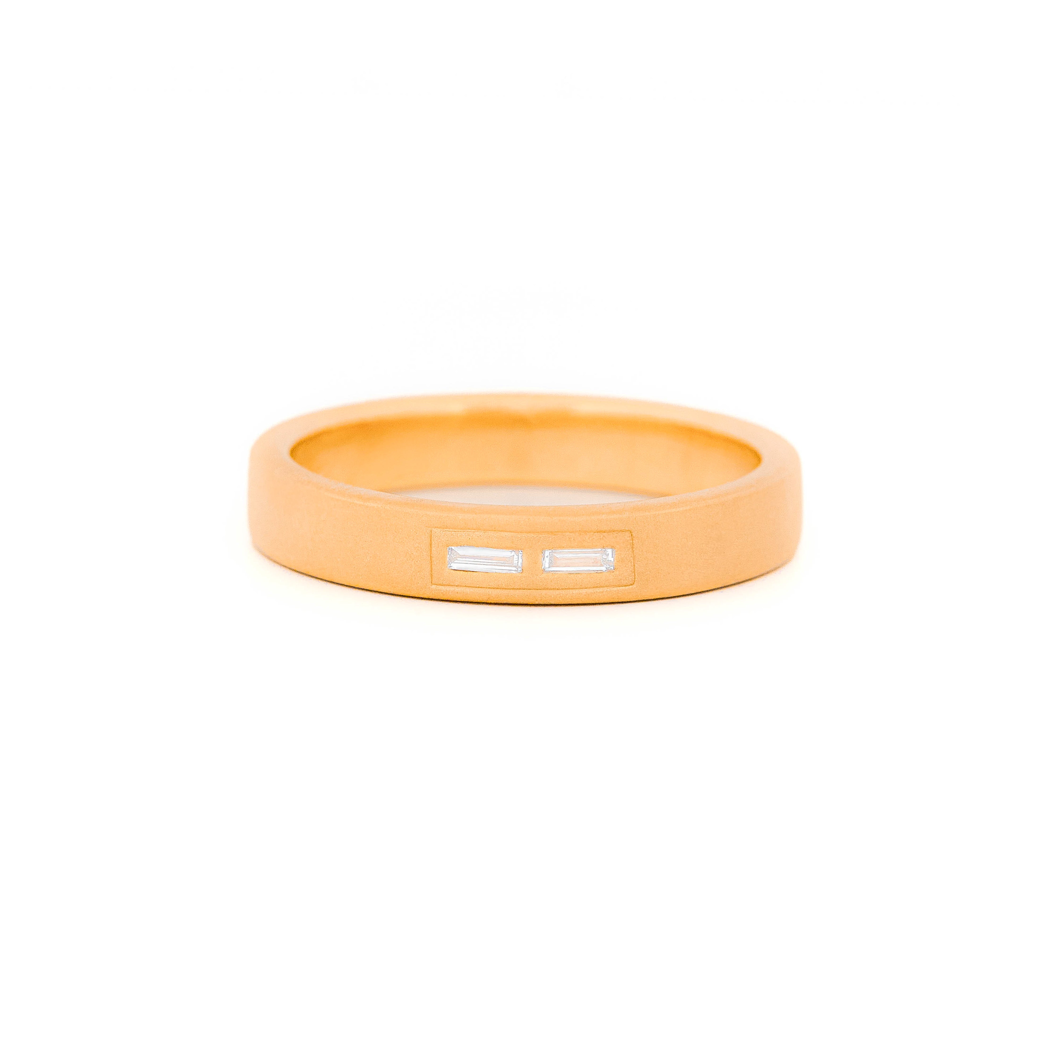 Gold 4 mm wedding band with bezel diamonds morse code.