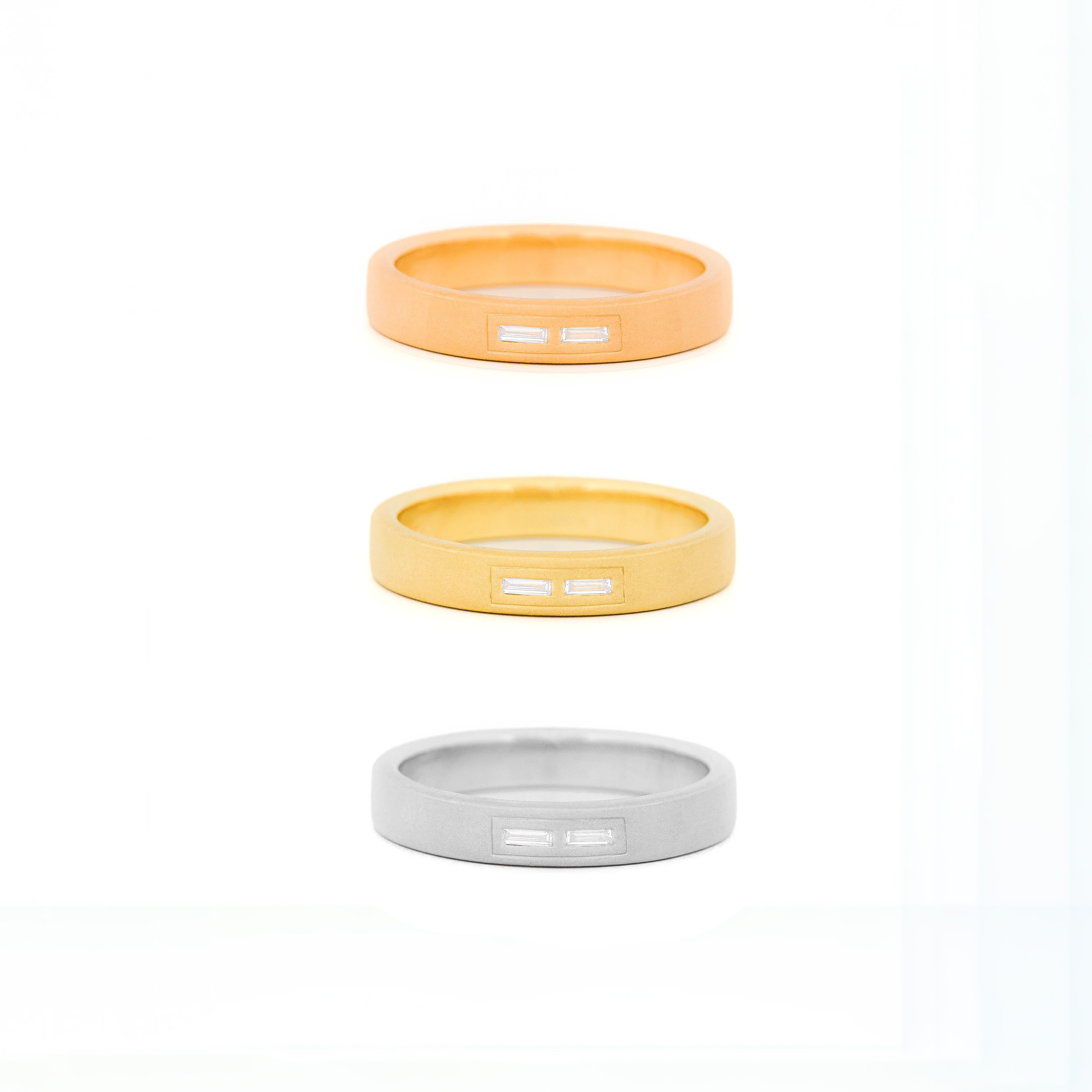 Gold 4 mm wedding bands with bezel diamonds morse code.