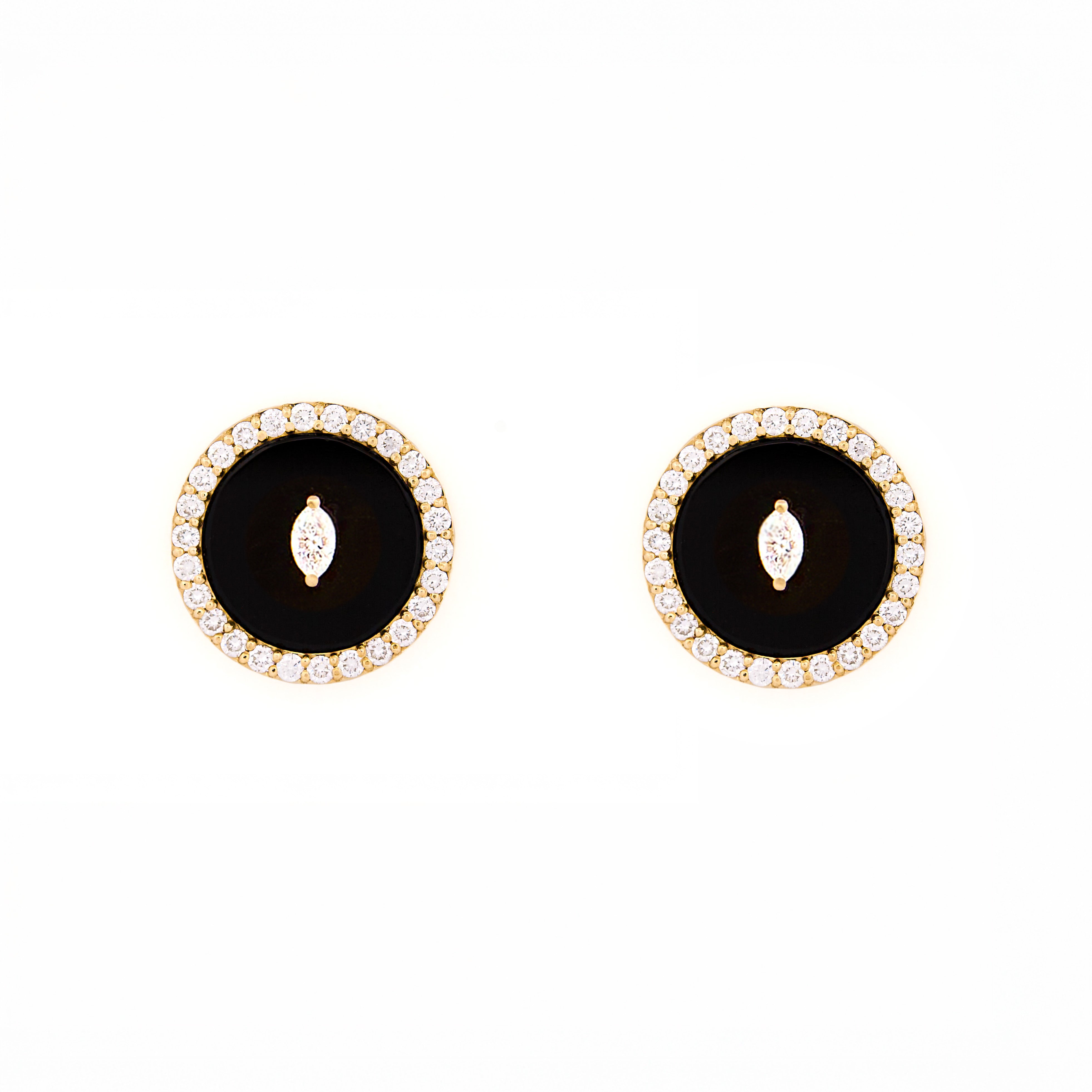 Pair of earrings with black onyx center stone and diamond marquise and round shape accents on a white background