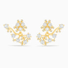 Gold and diamond bloom earrings against a white background.