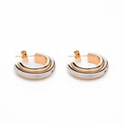 Pair of thick hoop earrings with gold and white gold design on a white background
