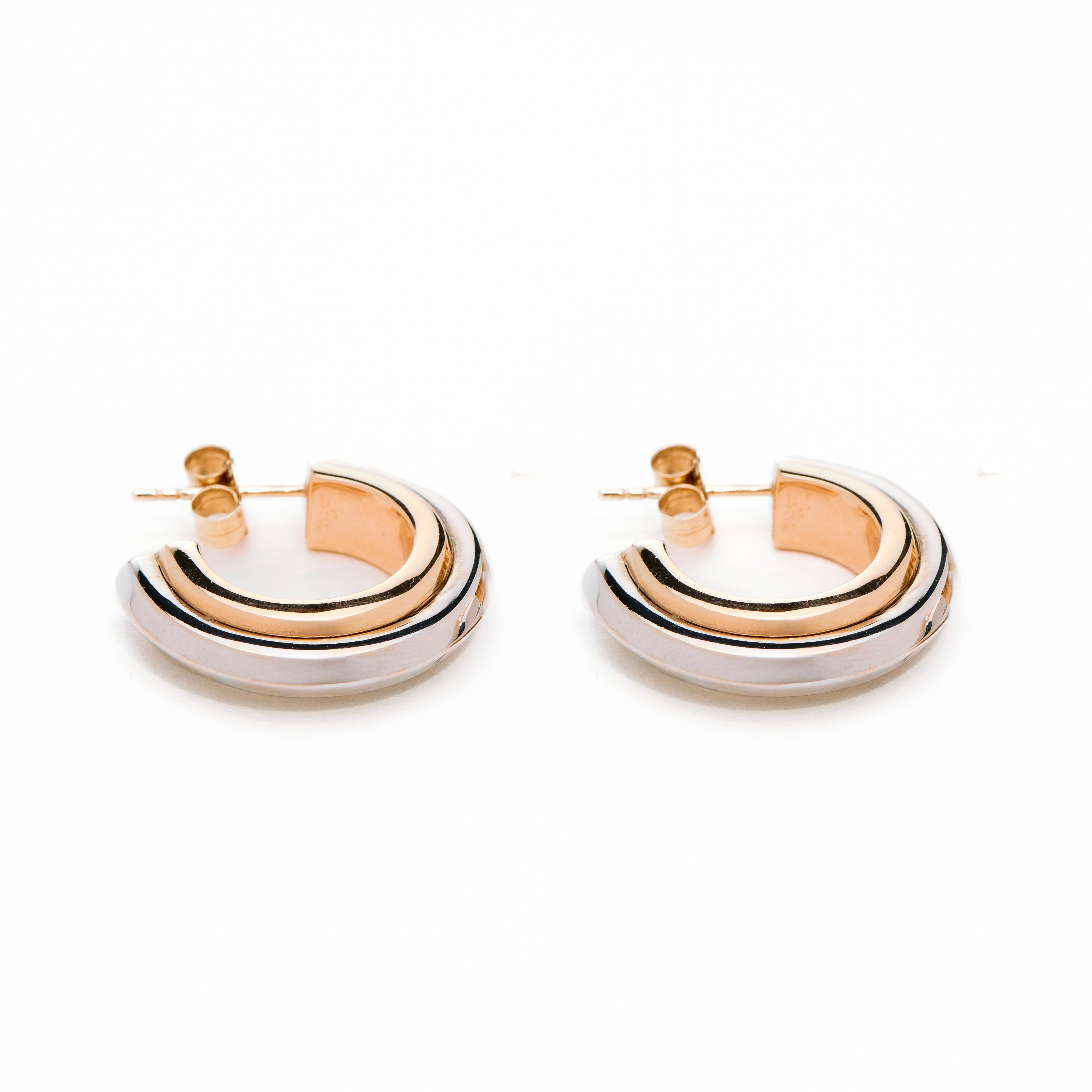 Pair of thick hoop earrings with gold and white gold design on a white background