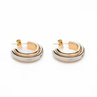 Pair of thick hoop earrings with gold and white gold design on a white background