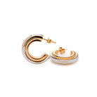 Pair of thick hoop earrings with gold and white gold design on a white background