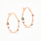 Rose Gold hoop earrings with embedded Australian opals and diamonds on a white background.