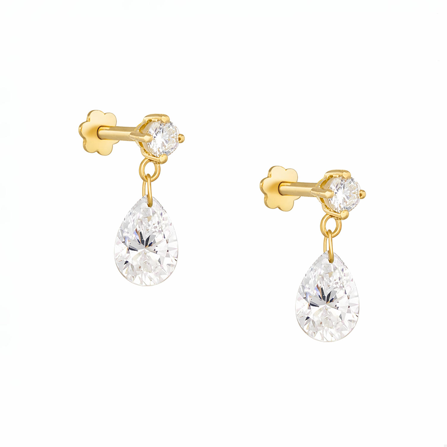 Gold earrings with teardrop-shaped Diamonds on a white background