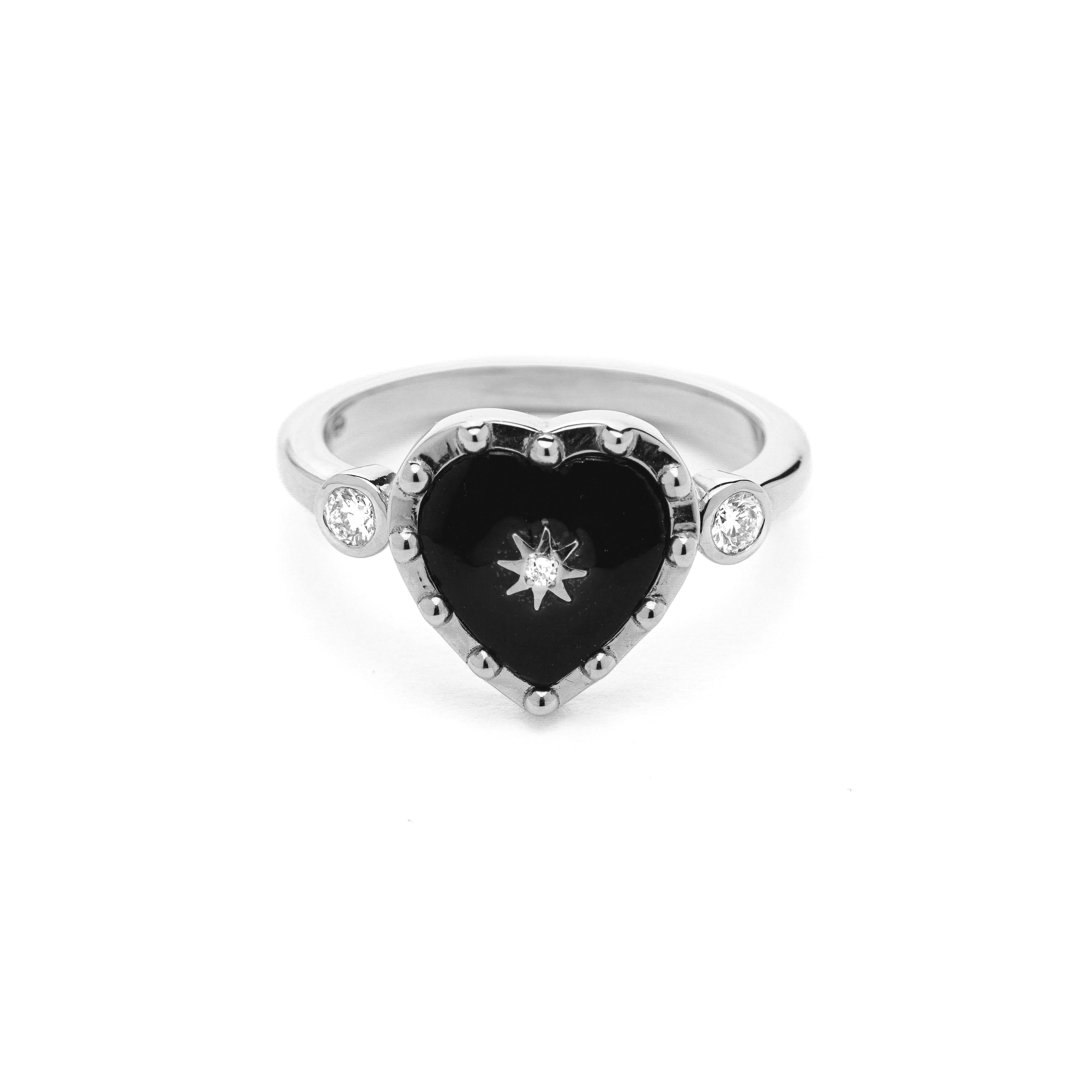 Heart shaped black onyx 14k gold ring, with bezel diamonds, wear it for protection