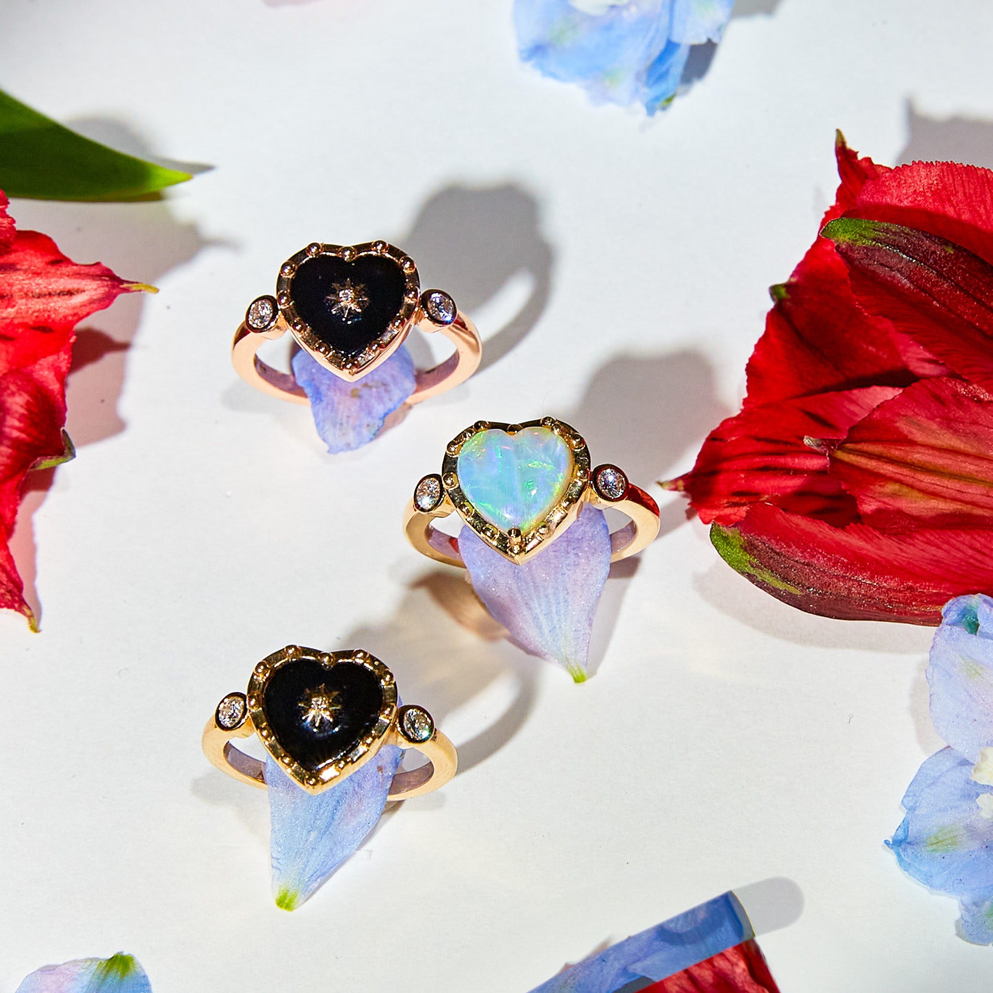 A collection of heart-shaped Black Onyx rings with white diamonds displayed on a white surface with petal decorations.