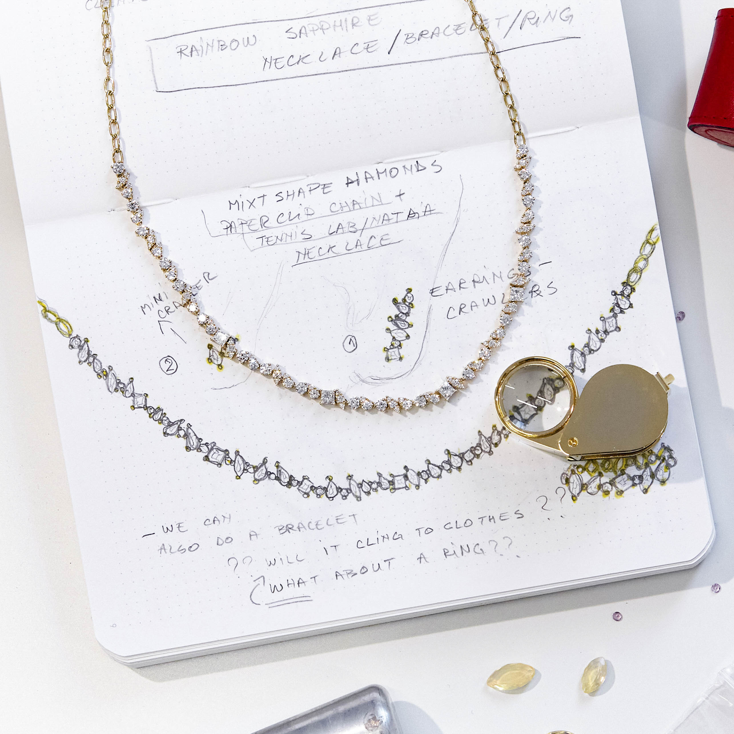 An 18k gold diamond-adorned half tennis choker necklace next to the sketch that portrays it
