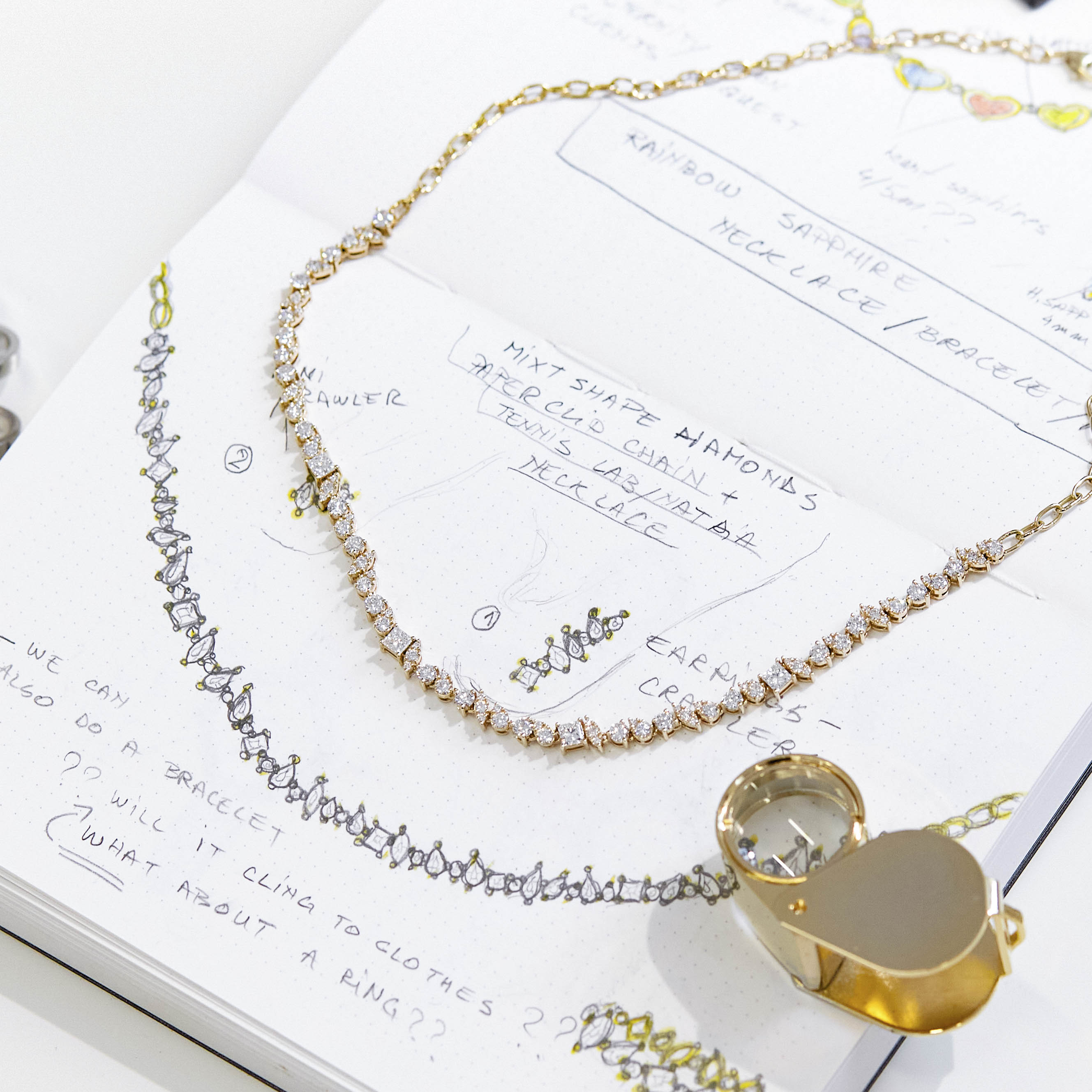An 18k gold diamond-adorned half tennis choker necklace next to the sketch that portrays it
