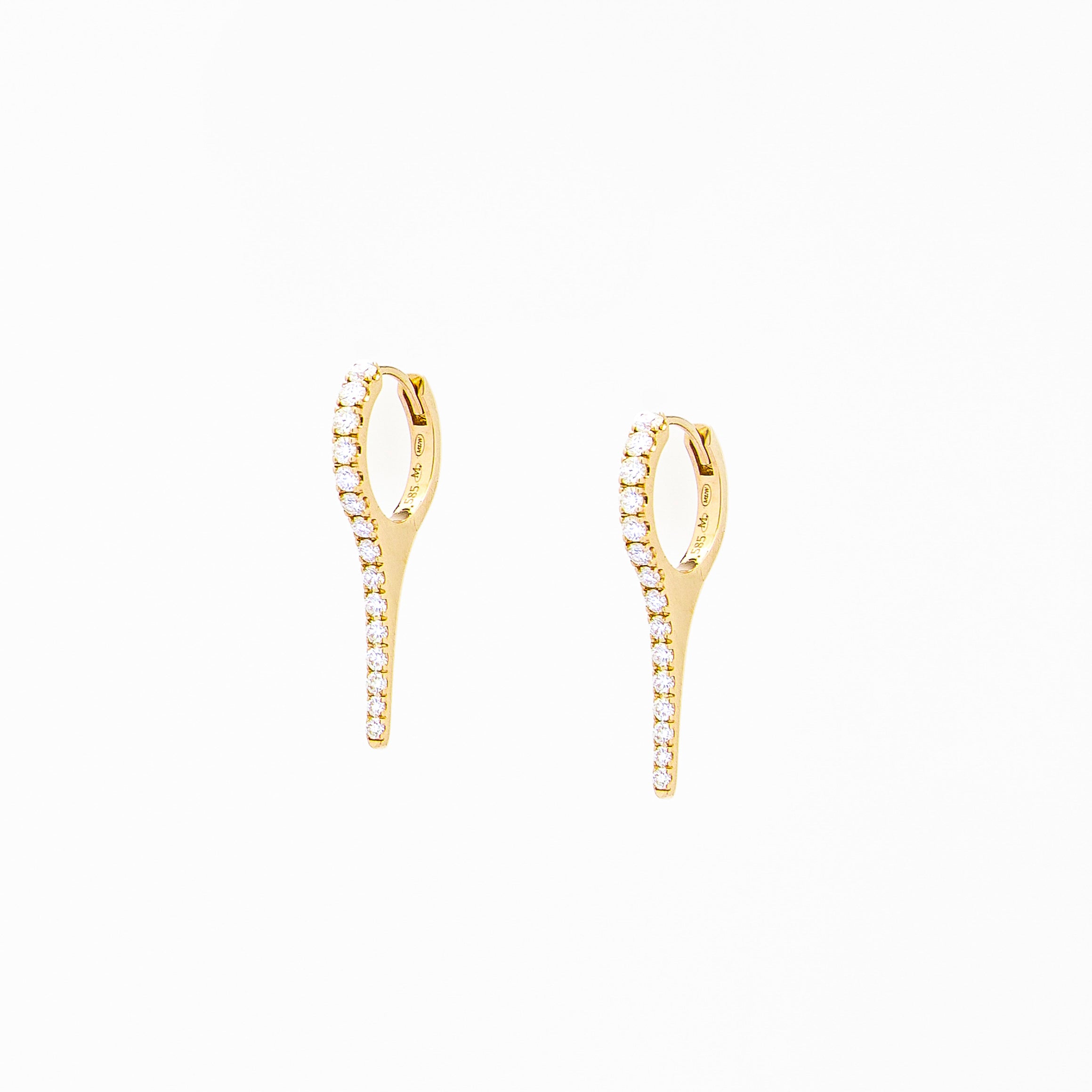 A pair of yellow gold earrings with natural diamond drops, featuring a minimalist design.