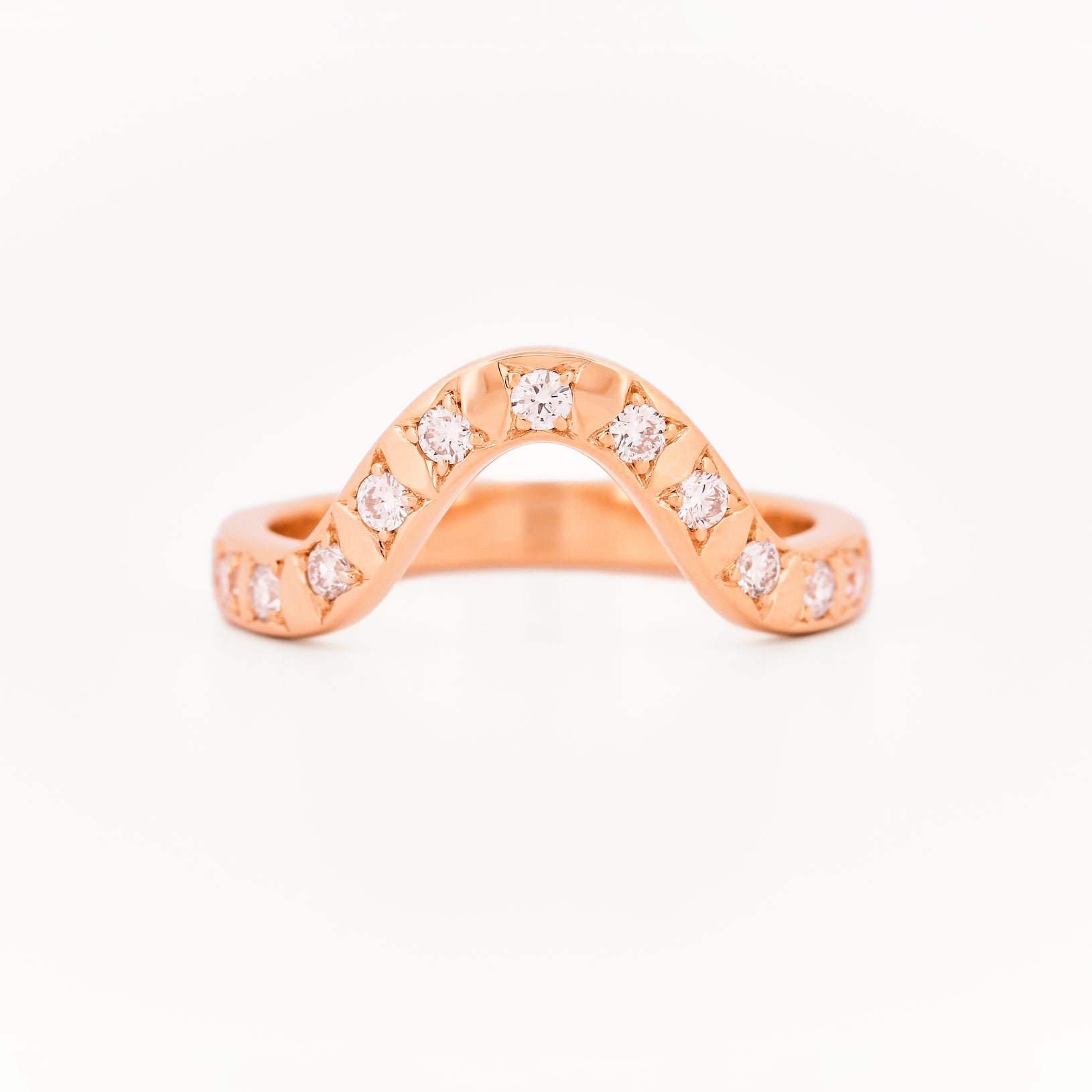 Rose gold 2.5 mm band ring with 13 round diamonds on a white background.