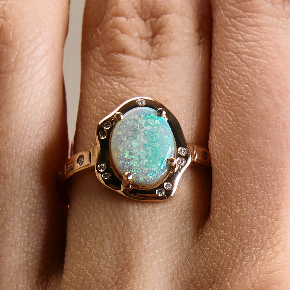Diamonds Morse code and Australian Opal Ring - Made to Order