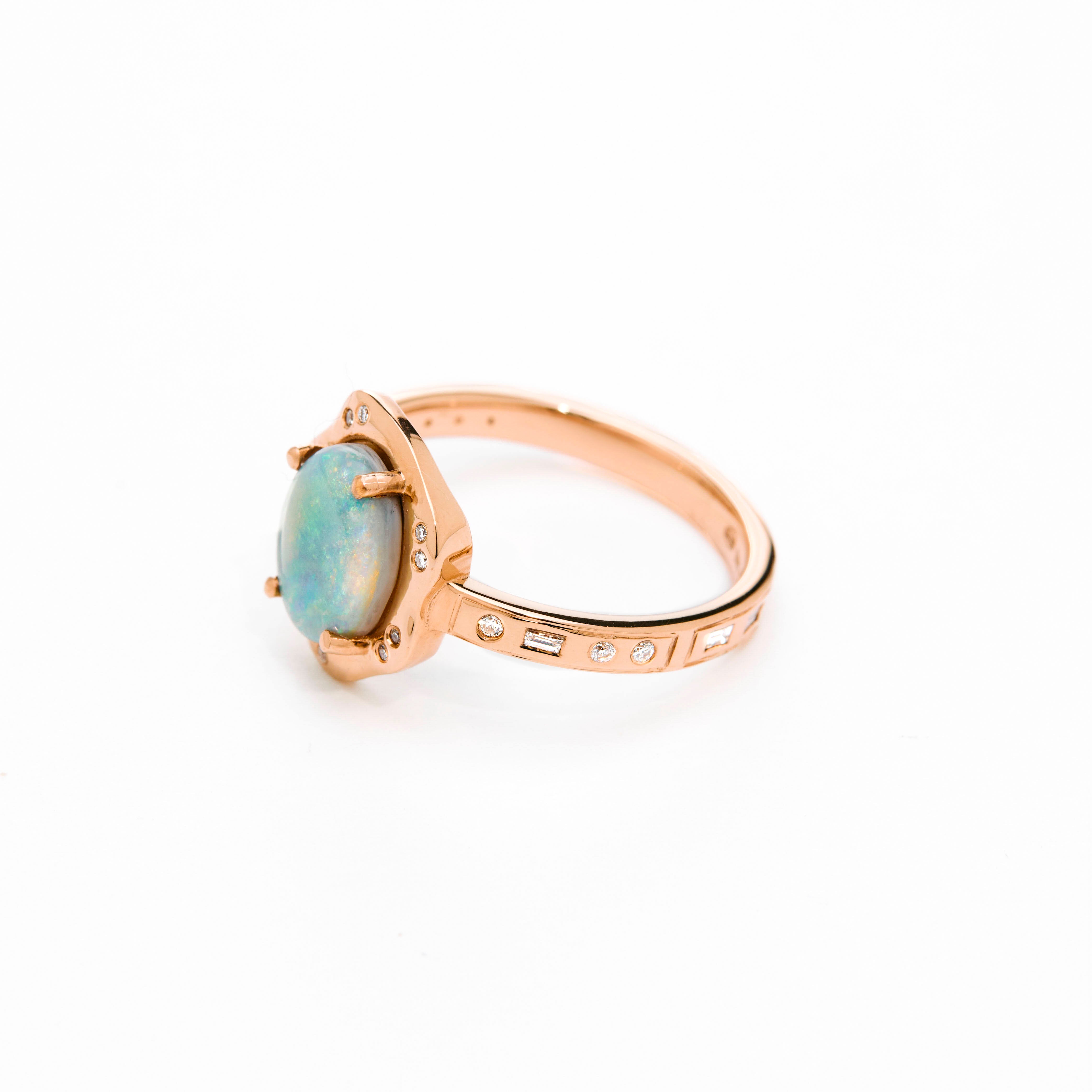 morse code diamonds incrusted on band, and an australian opal as a central stone