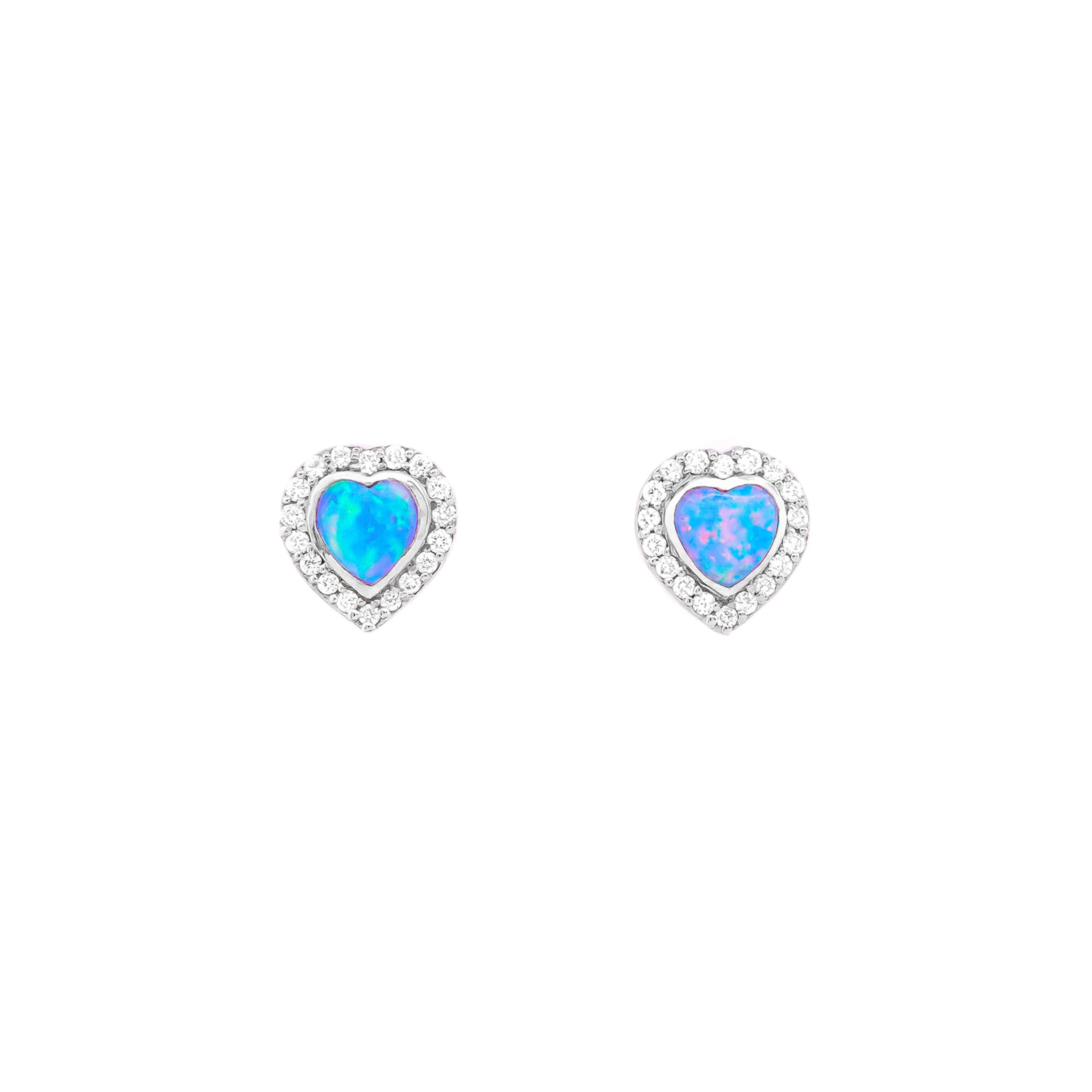 Heart-shaped Australian opal and Diamonds earrings in white gold on a white background