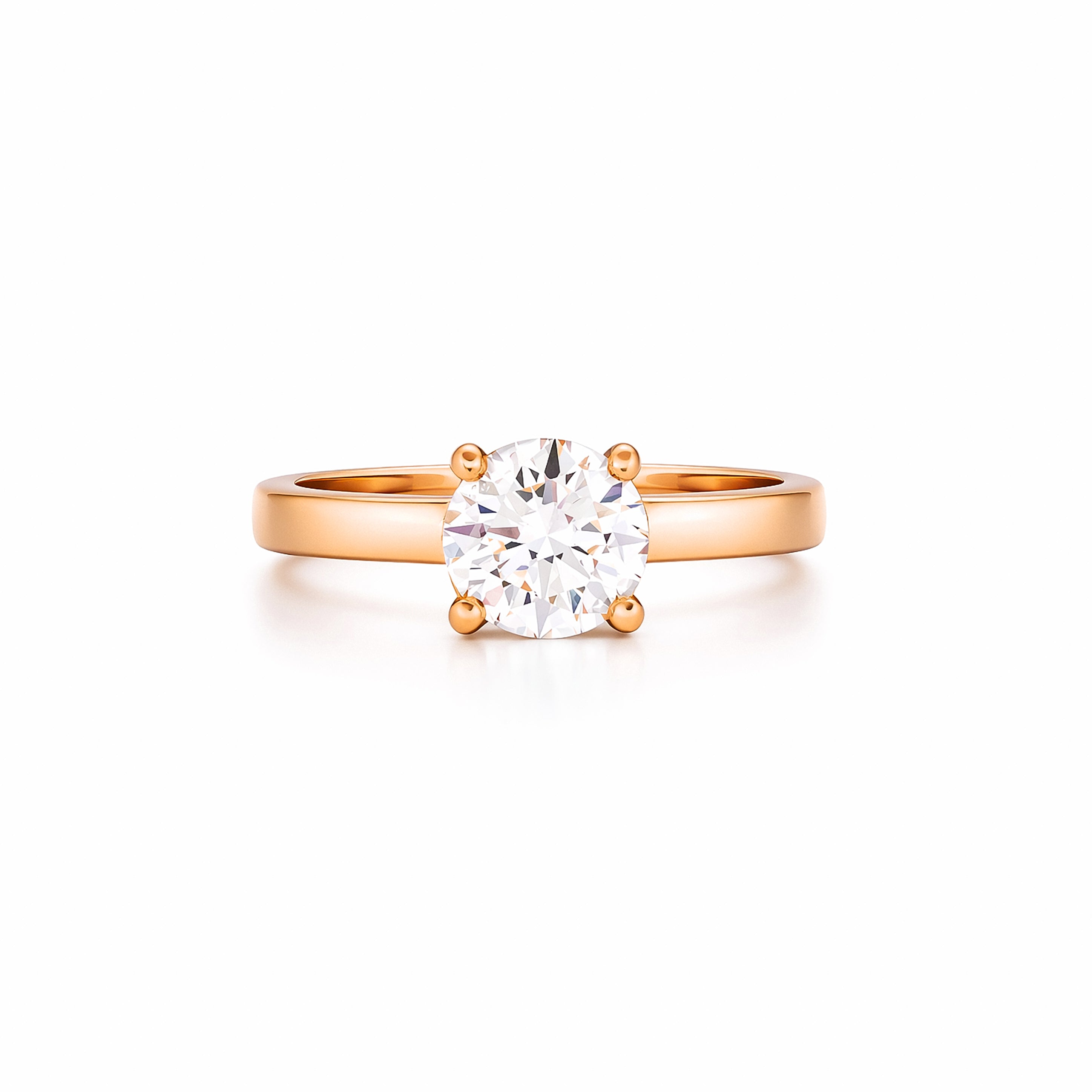 Rose gold ring with a solitaire 1 ct diamond on a white background