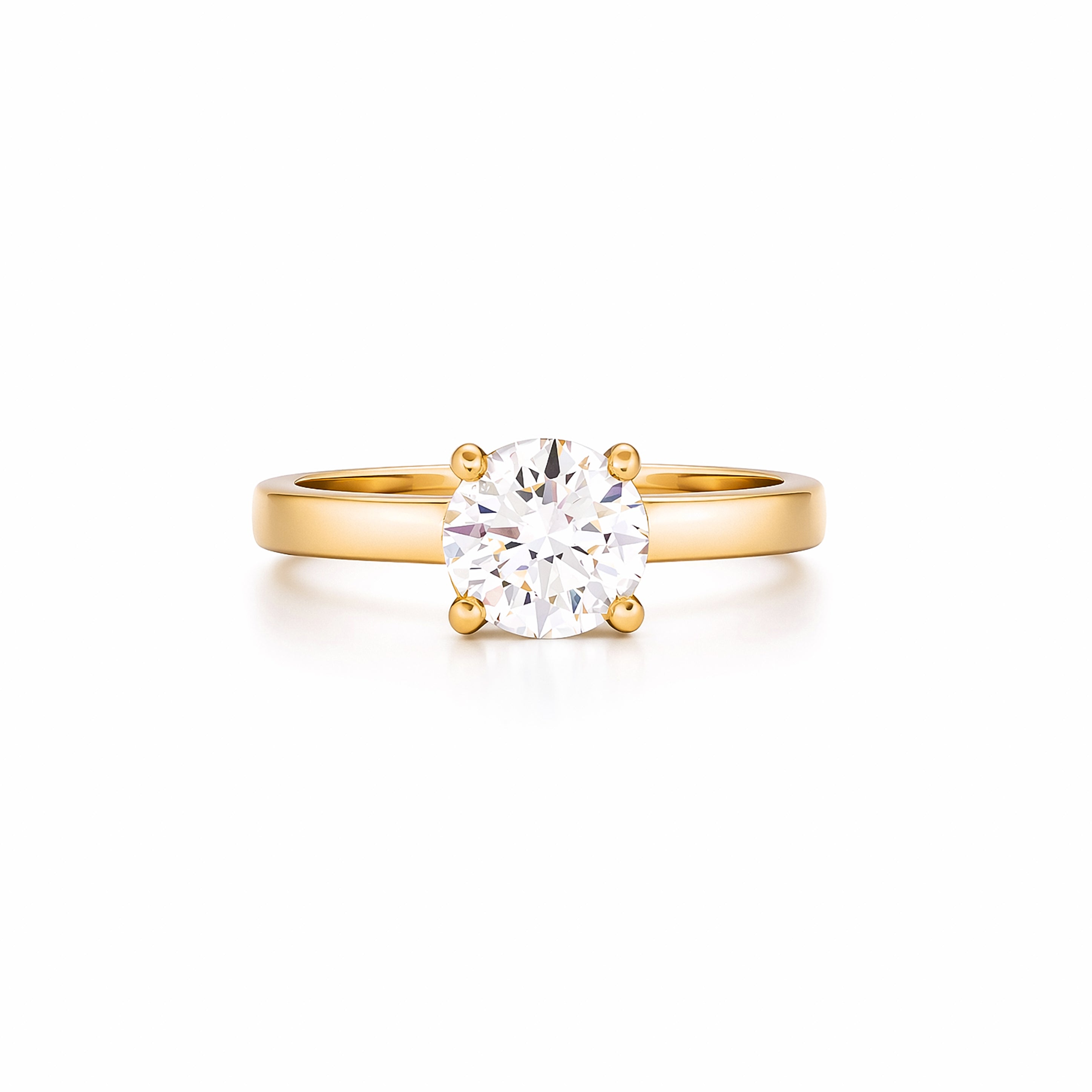 Solitaire gold ring with natural 1 ct diamond on a white background