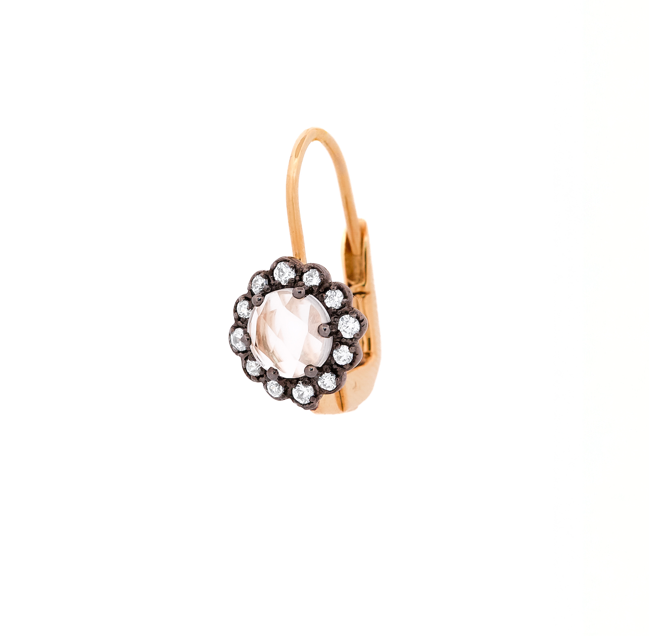 rose gold earring with rose cut diamond as a center stone surrounded by am array of round diamonds set in a black gold flower setting.