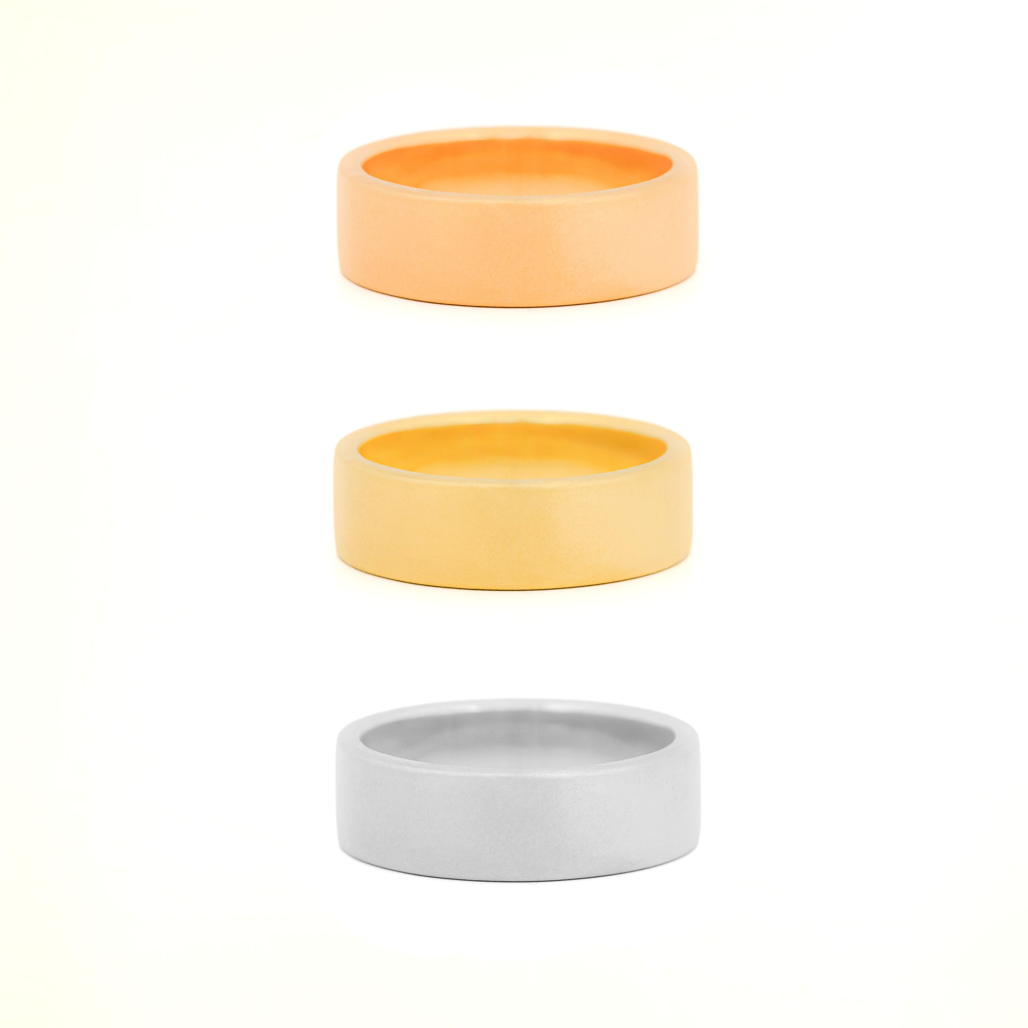Gold 7mm wedding bands with bezel diamonds morse code, in all gold colours.