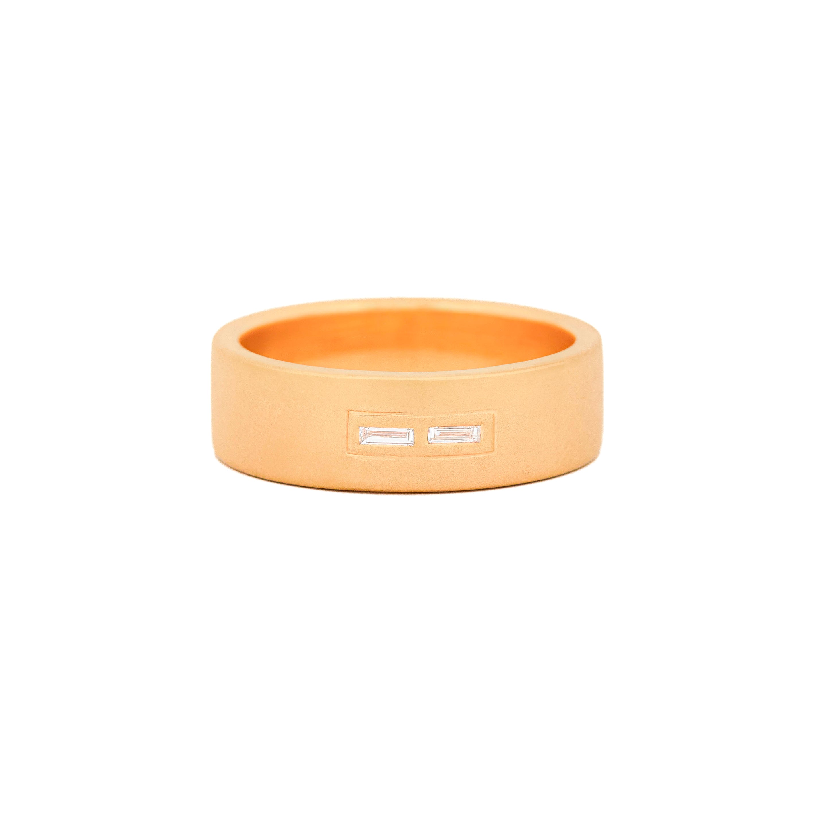 Gold 7mm wedding band with bezel diamonds morse code.