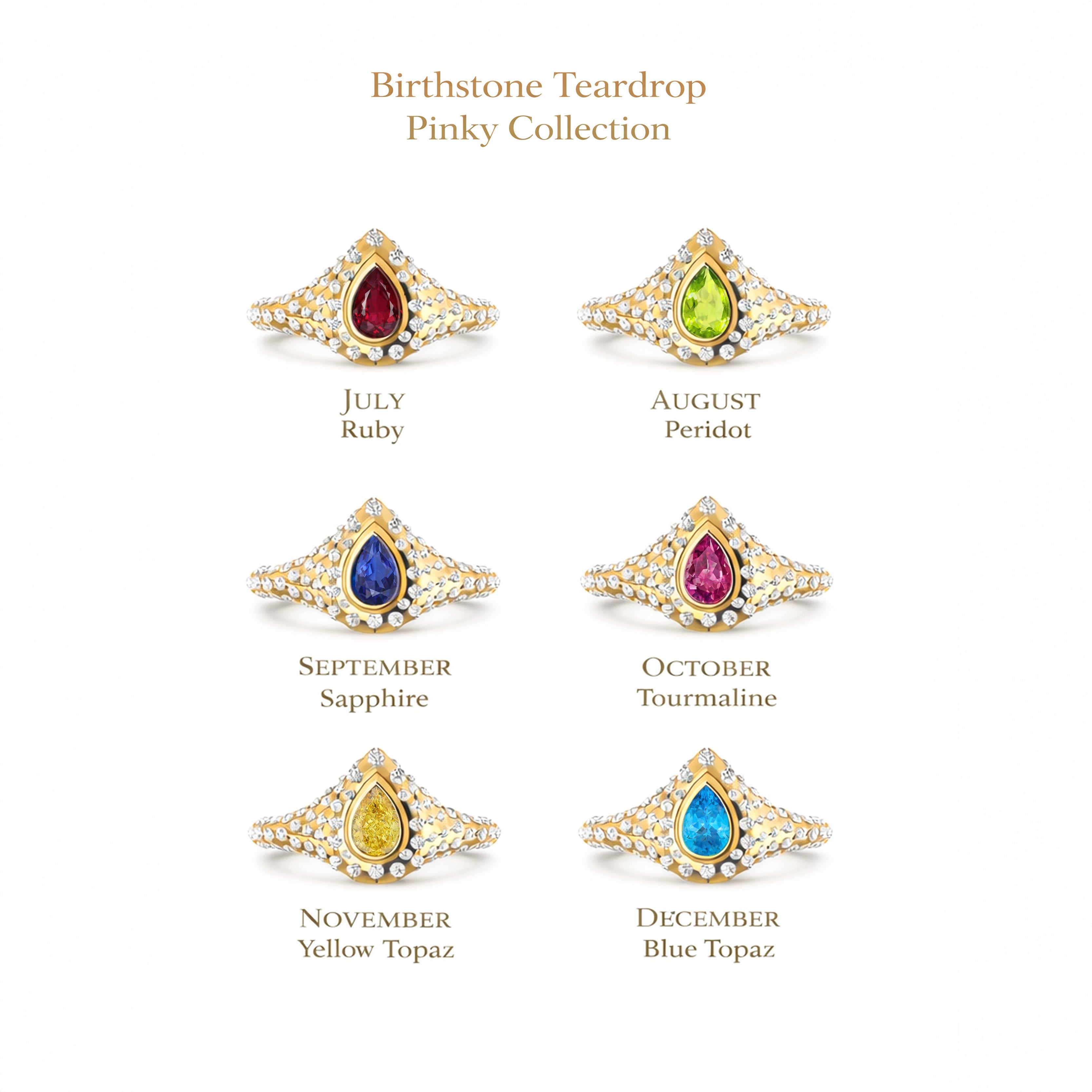 Collection of birthstone teardrop rings with gemstones for each month on a white background.