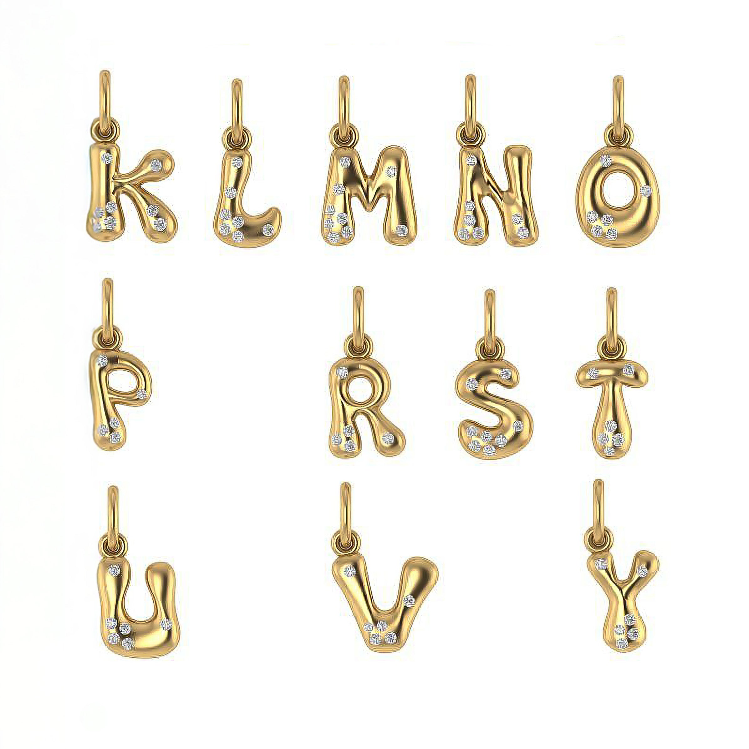Gold letter pendants with sprinkled diamonds on a white background