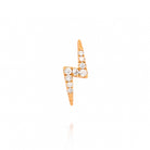 Rose gold lightning bolt earring with diamonds on a white background