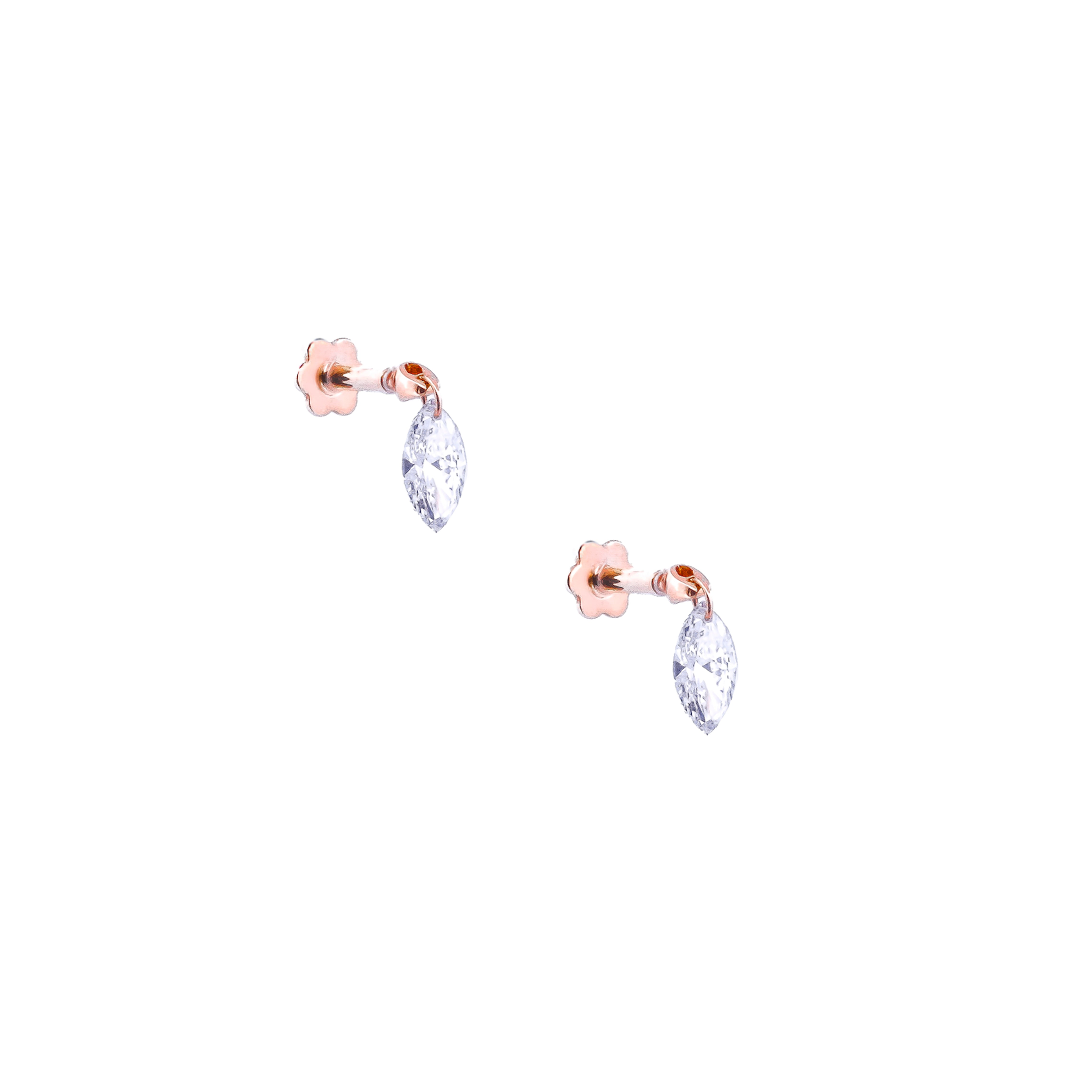 Pair of white gold earrings with floating diamonds on a white background