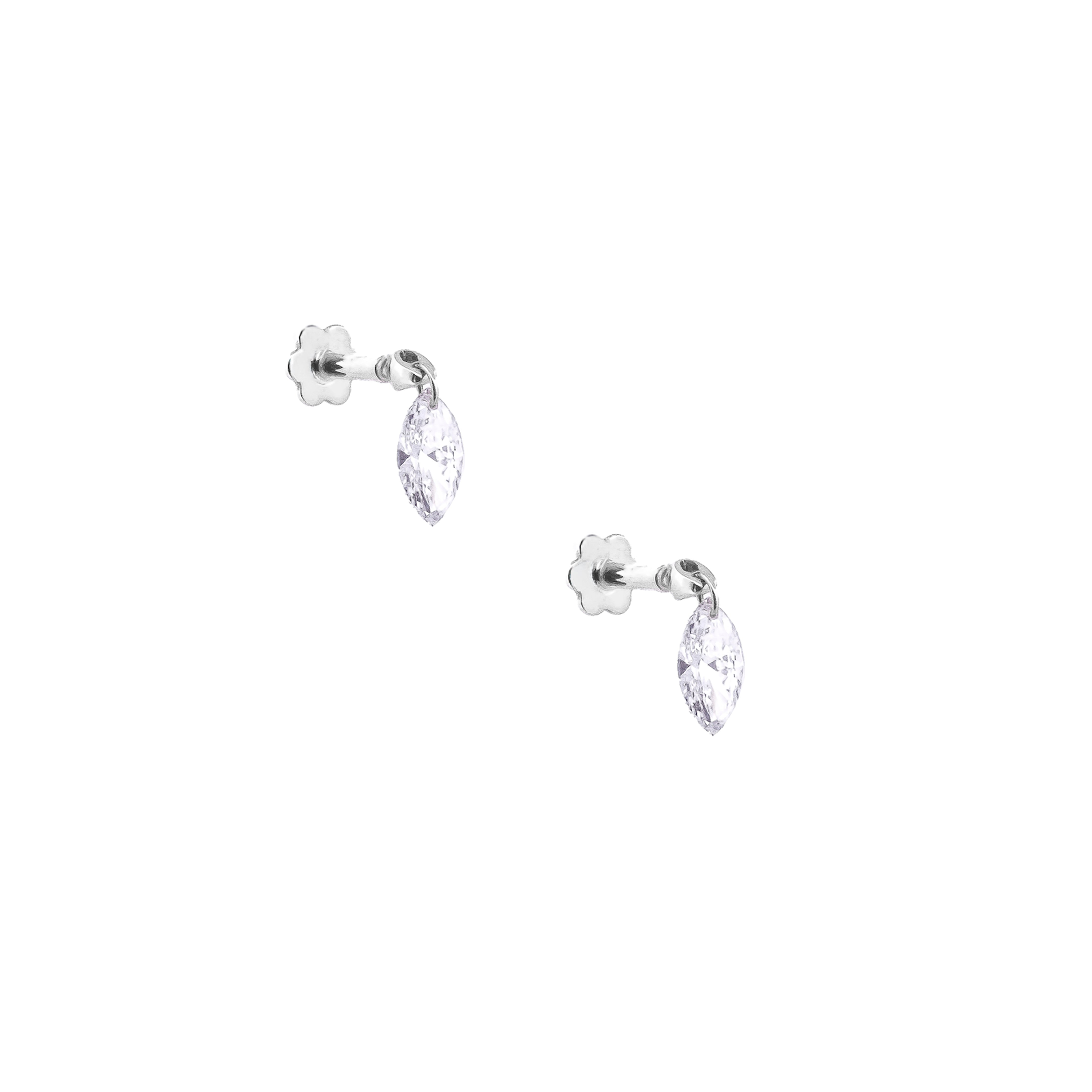Pair of white gold earrings with floating marquise diamonds on a white background