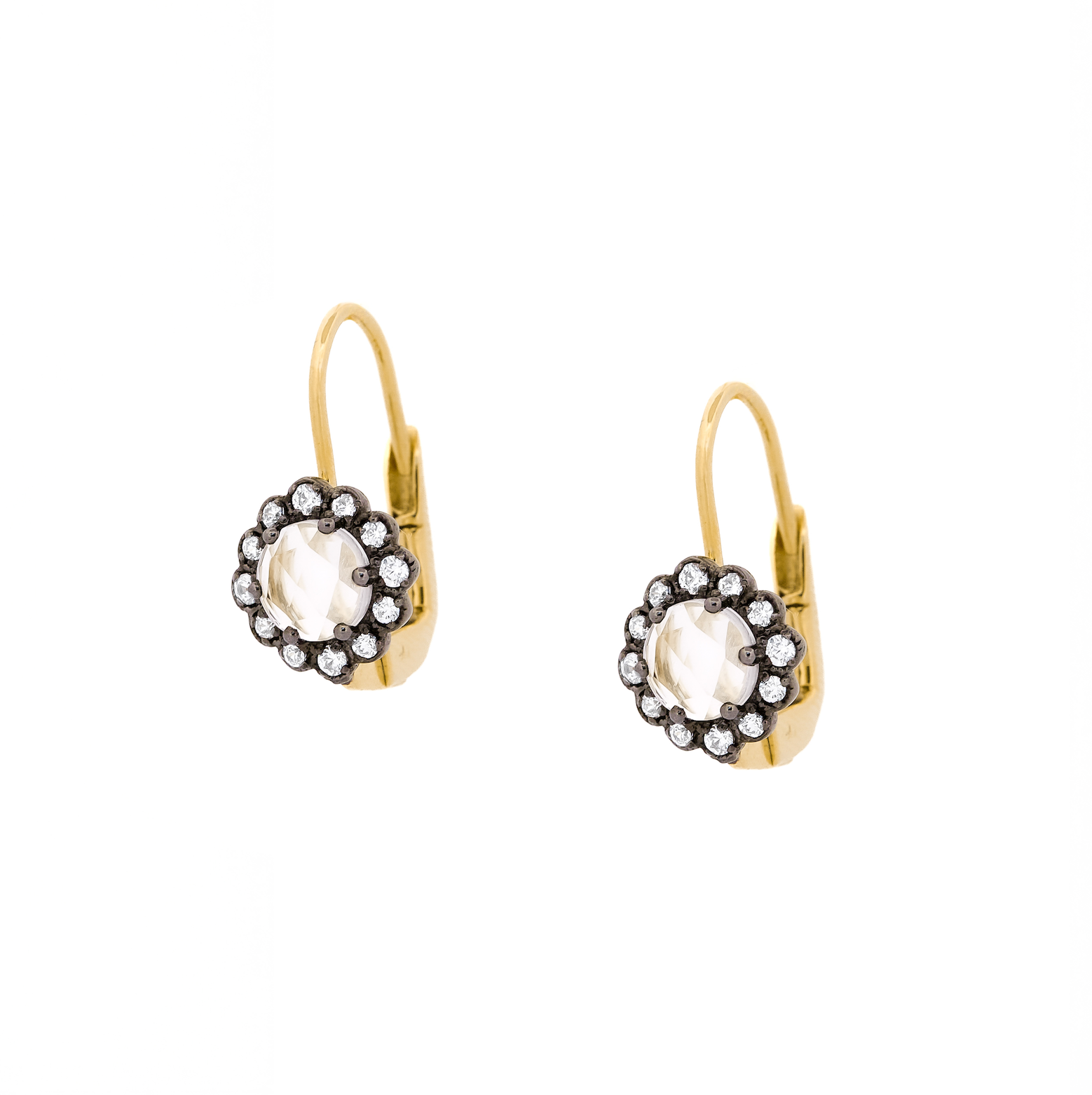 yellow gold earrings with rose cut diamond as a center stone surrounded by am array of round diamonds set in a black gold flower setting.