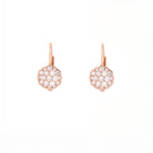 Pair of rose gold earrings with a flower made of diamonds on a white background