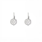 Pair of white gold earrings with a flower made of diamonds on a white background