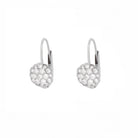 Pair of white gold earrings with a flower made of diamonds on a white background