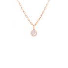 Rose gold necklace with a round diamonds flower pendant on a white background